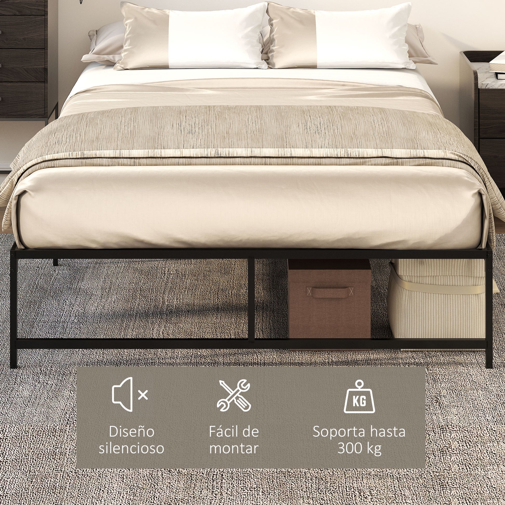 Double Bed Frame 135x190 cm with 35 cm Legs Matrimonial Bed Frame with Black Storage Space Below