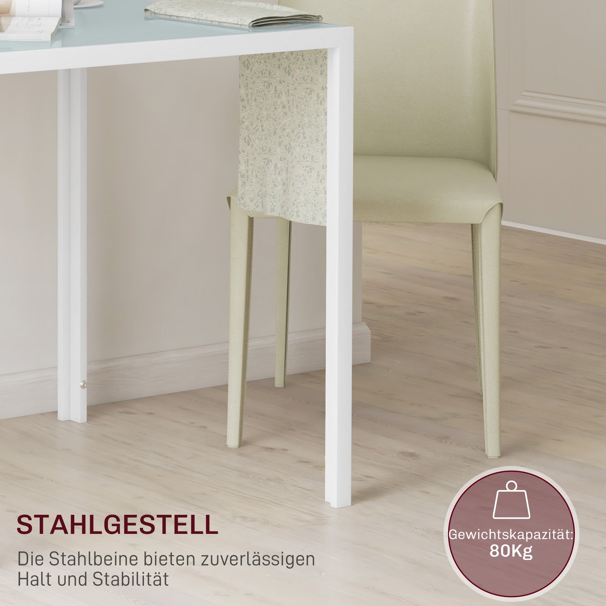 Dining Table 75 x 75 cm, Square Kitchen Table for 4 People, Dining Table Made of Toughened Glass with Metal Legs, Modern Table for Kitchen, Dining Room, and Living Room, White