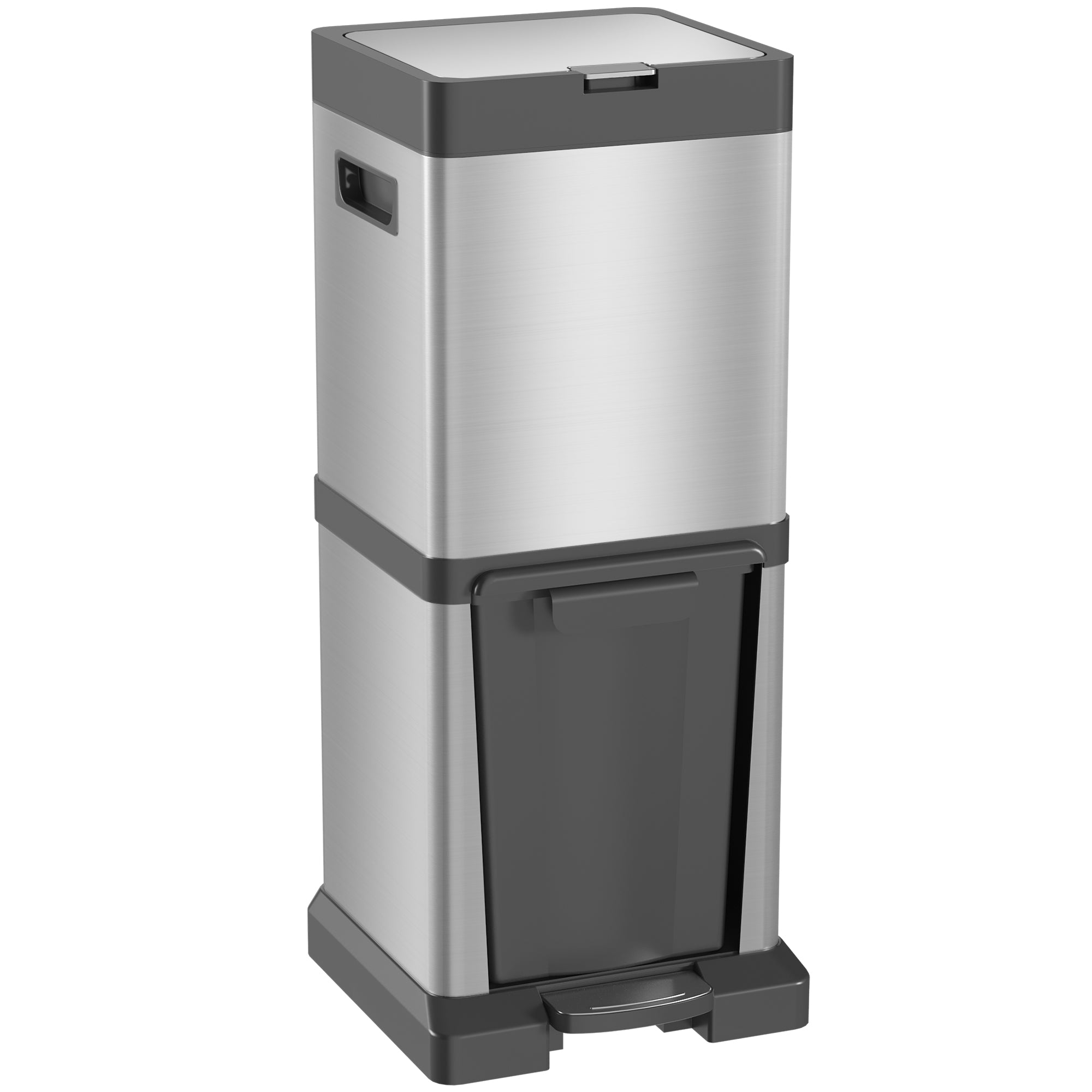 Dual-Compartment Trash Can 20L+14L — Stainless Steel Pedal Bin with Soft-Close Lid & Removable Inner Buckets, Silver (12.8 x 12.4 x 30.7 in)