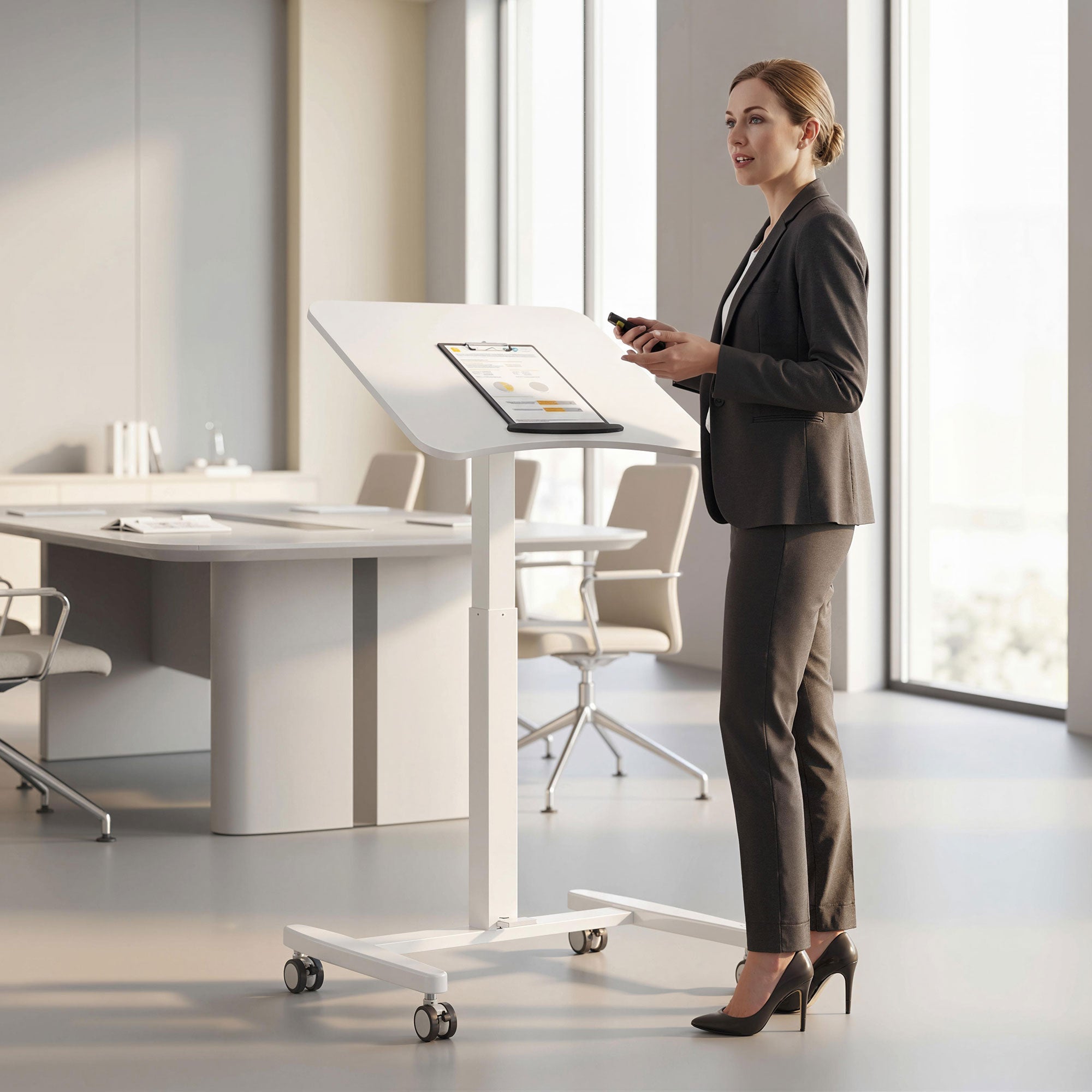 Height-Adjustable Standing Desk 75–114 cm (29.5–44.9 in) — Mobile Laptop Table with Tilting Top, Safety Stop, Steel Frame, Pneumatic Drafting Table for Small Spaces, White
