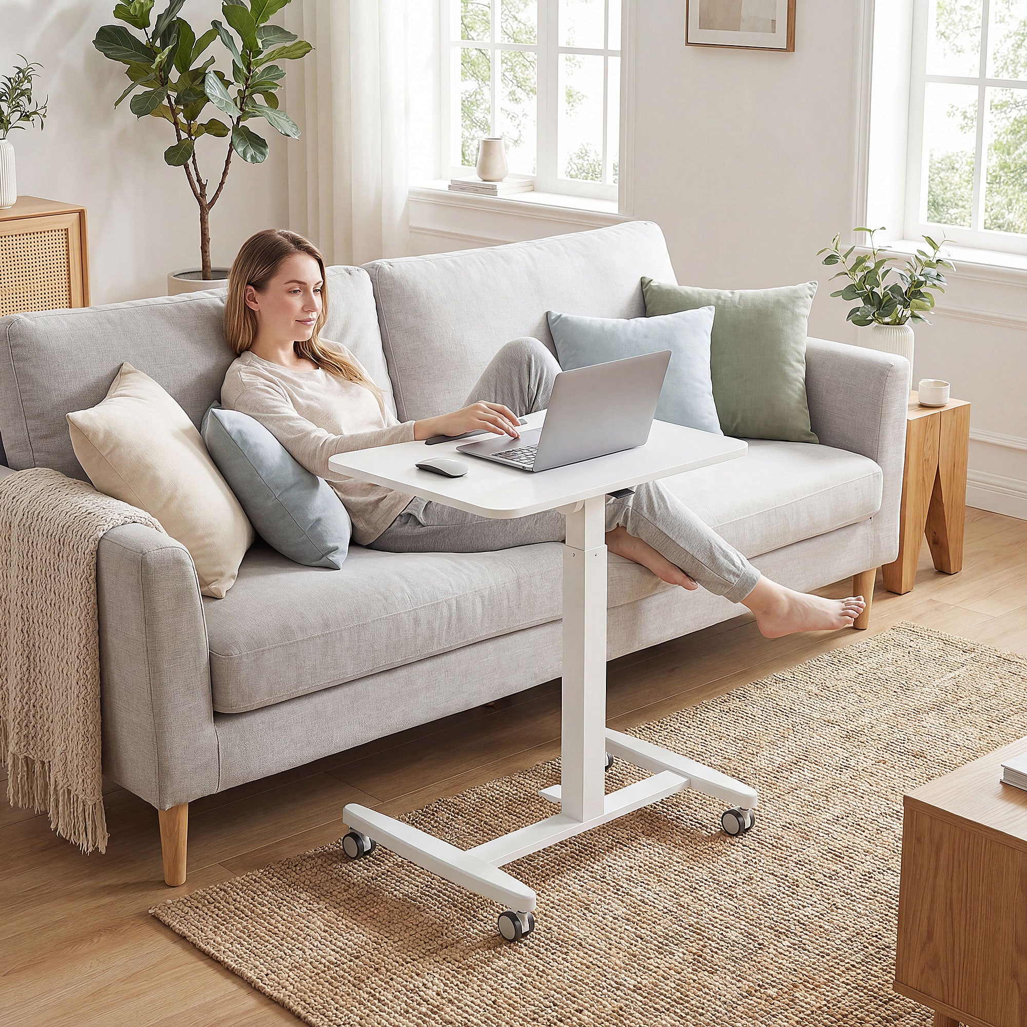 Height-Adjustable Standing Desk 75–114 cm (29.5–44.9 in) — Mobile Laptop Table with Tilting Top, Safety Stop, Steel Frame, Pneumatic Drafting Table for Small Spaces, White