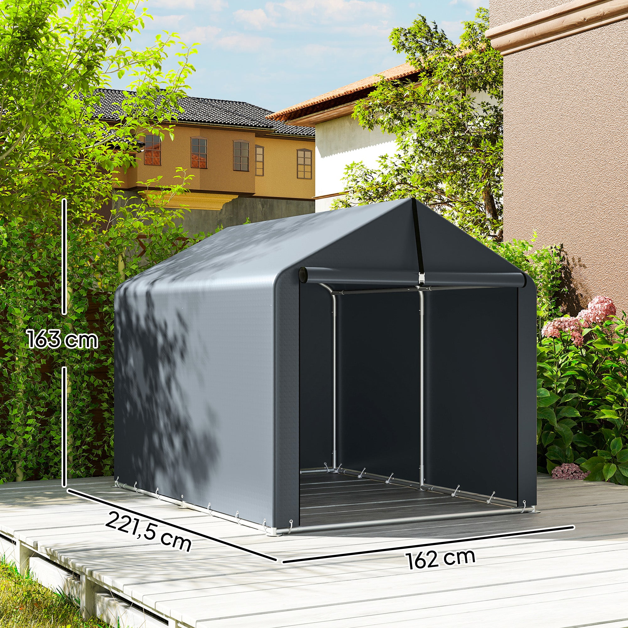 7.2 x 5.2 ft Waterproof Storage Tent with Roll-Up Zipper Door, Gable Roof Steel Frame, UV-Resistant — Dark Gray