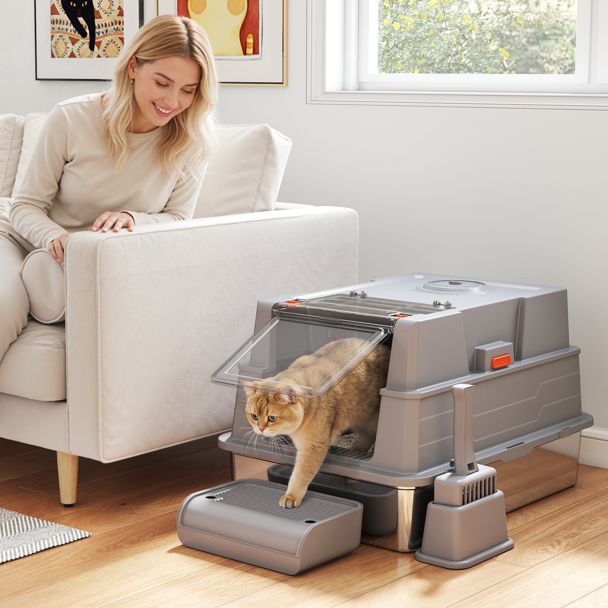 XXL Stainless Steel Cat Litter Box, 130 L (≈34.3 US gal) — 180° Flip Lid, High Sides, Scoop & Step — For Up to 3 Cats (≤22 lb / 10 kg each) — 27.6 x 19.7 x 16.9 in, Gray