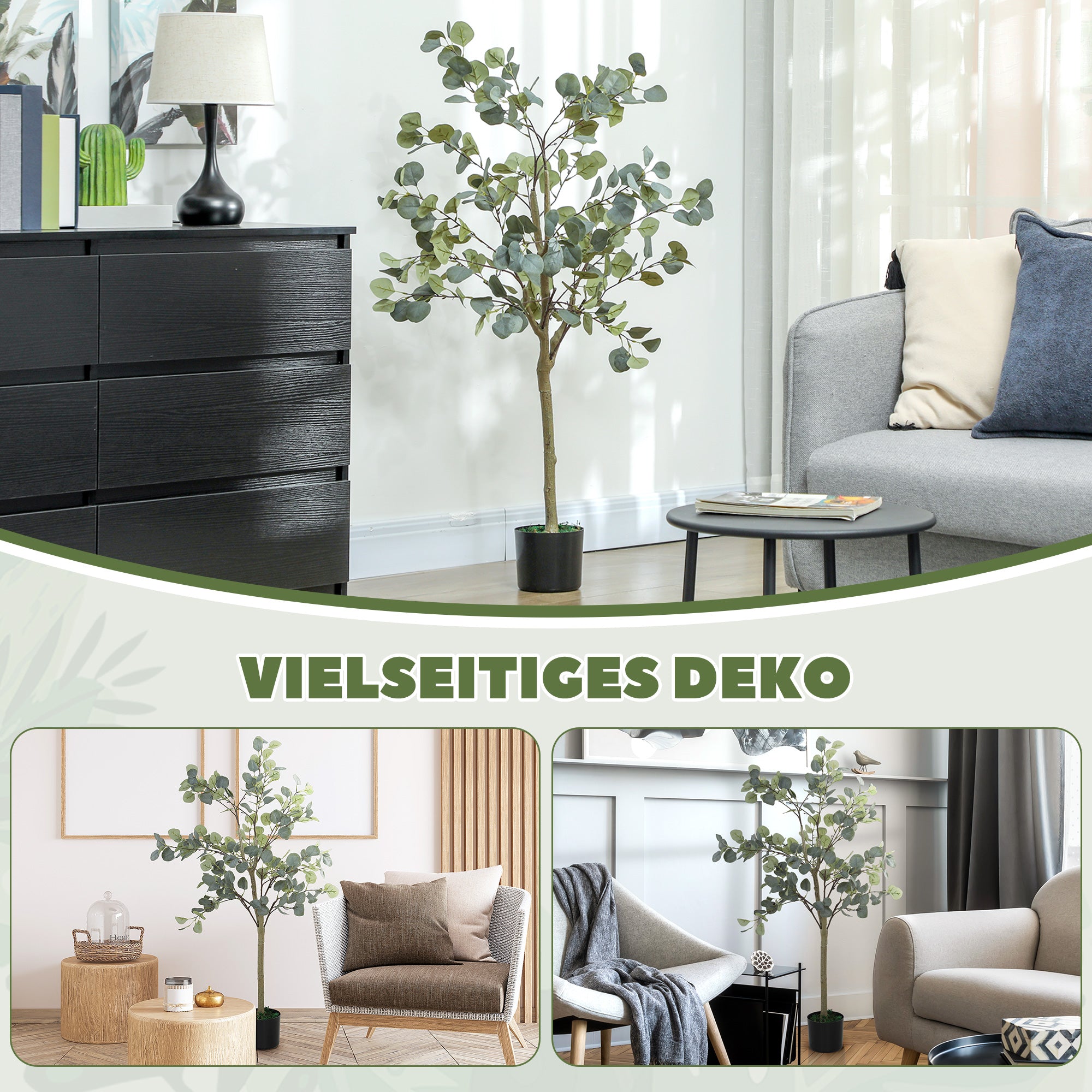 Artificial Eucalyptus Tree Large 150 cm Artificial Plant Artificial Eucalyptus in Pot, Faux Tree Realistic with Artificial Grass, Cement for Living Room, Bedroom, Office, Garden