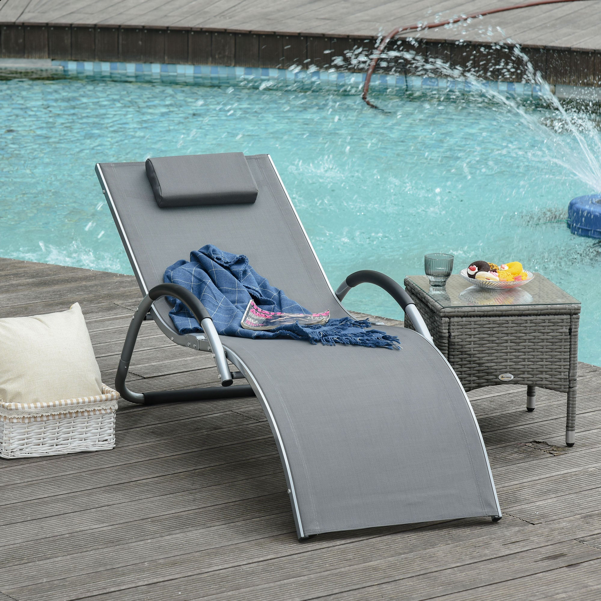 Garden Lounger with Cushion Sun Lounger Relax Lounger Ergonomic Aluminum Texteline Dark Gray 160 x 60 x 65 cm