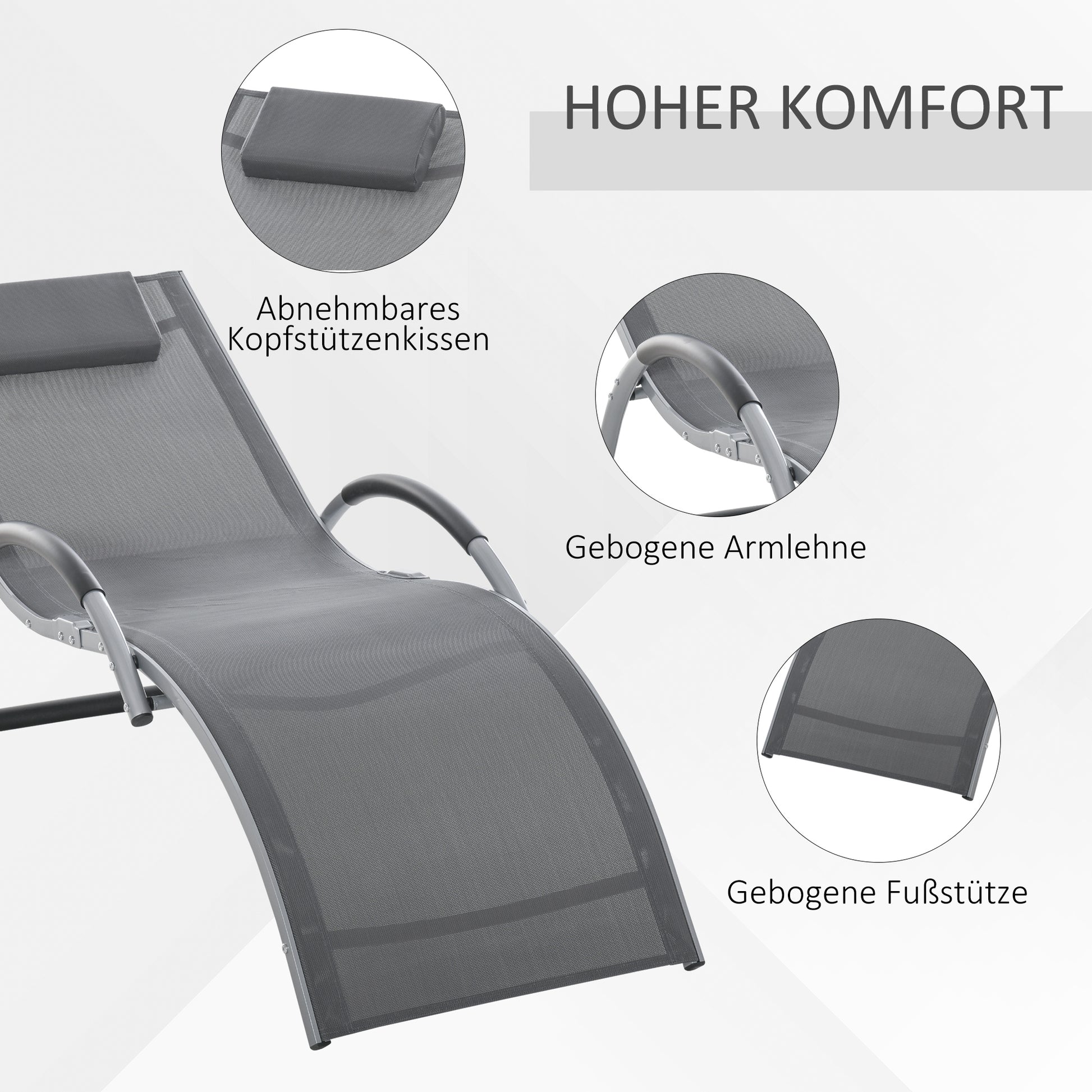 Garden Lounger with Cushion Sun Lounger Relax Lounger Ergonomic Aluminum Texteline Dark Gray 160 x 60 x 65 cm