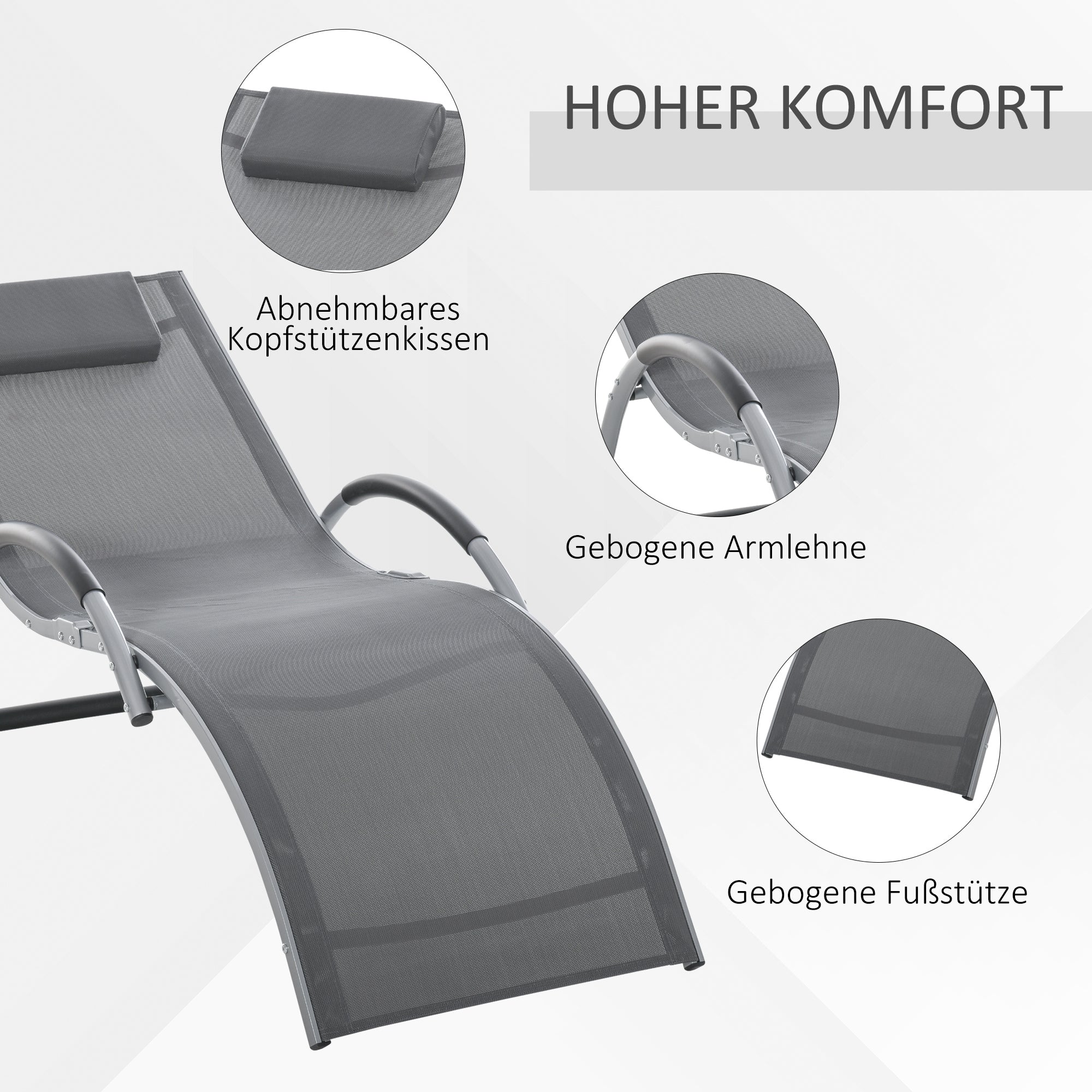 Garden Lounger with Cushion Sun Lounger Relax Lounger Ergonomic Aluminum Texteline Dark Gray 160 x 60 x 65 cm