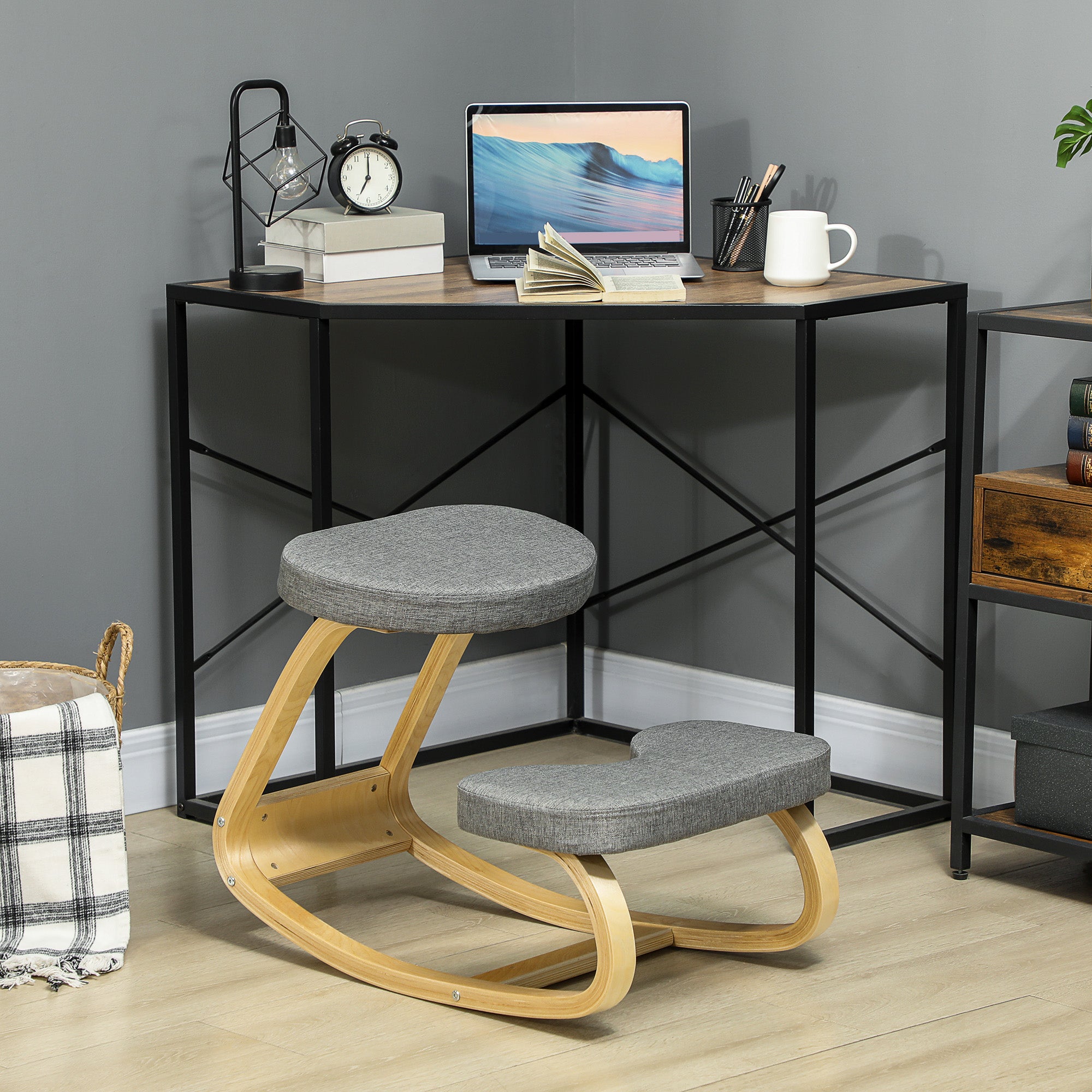 Kneeling Seat, Ergonomic Rocking Wooden Kneeling Chair for Home Office, Improve Posture, Back Pain, Gray