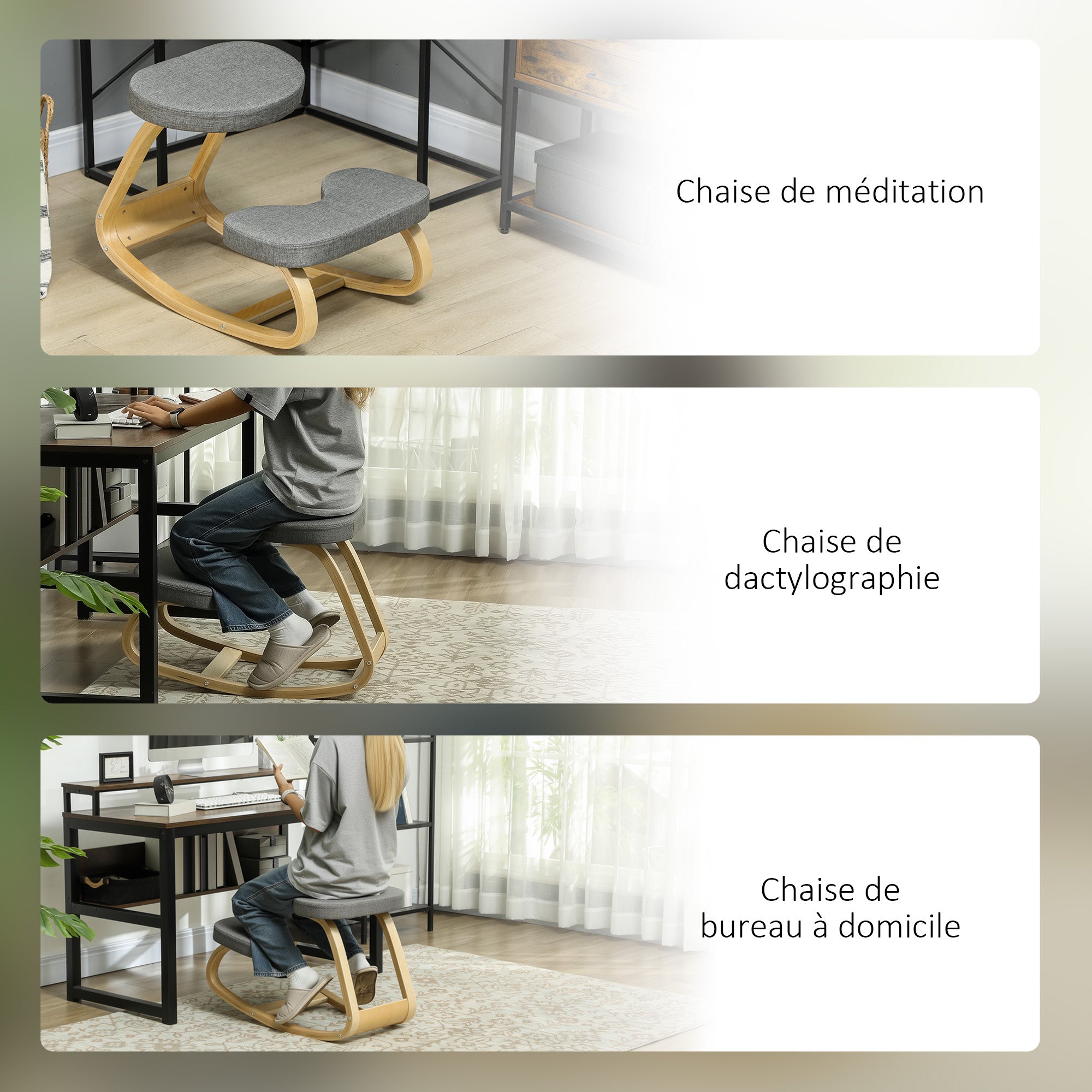 Kneeling Seat, Ergonomic Rocking Wooden Kneeling Chair for Home Office, Improve Posture, Back Pain, Gray