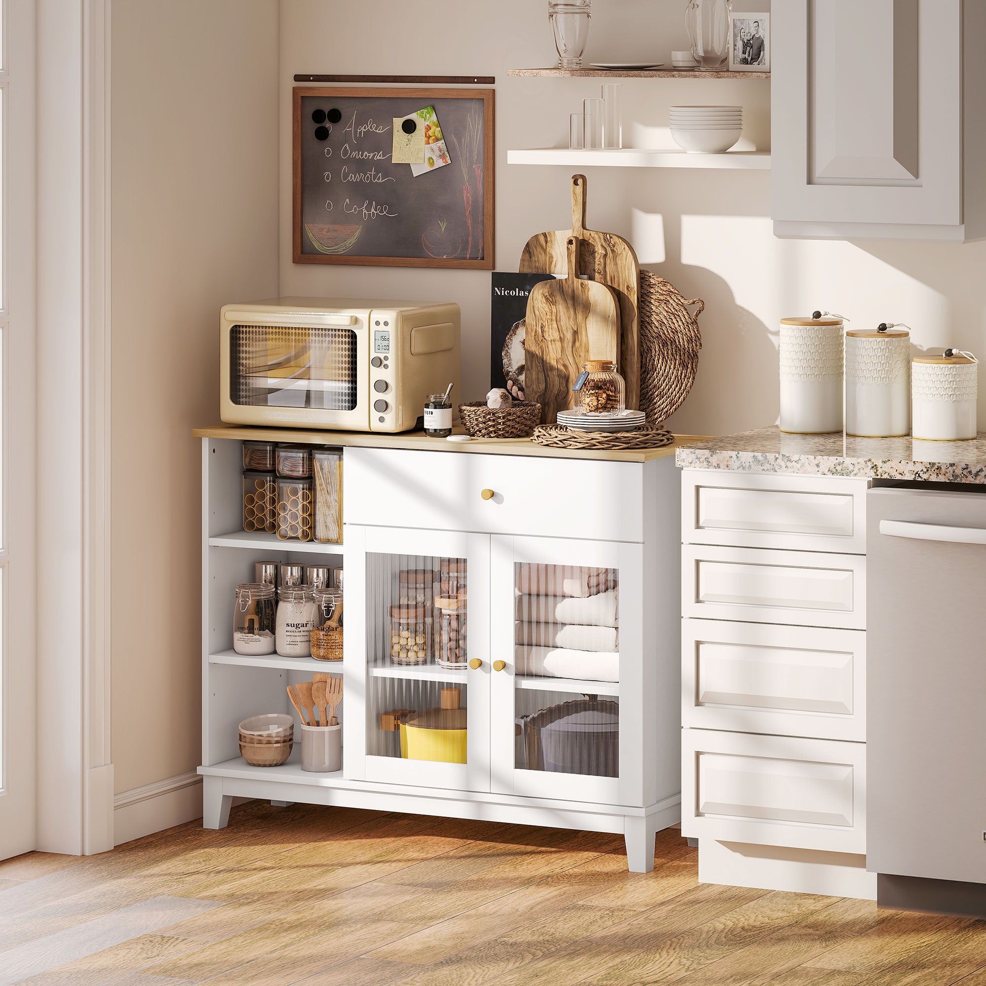 Ribbed Glass 2-Door Sideboard Modern Living Room Sideboard with Drawer, Open Compartments, and Adjustable Shelves for Dining Entrance White 100x35x80.3 cm