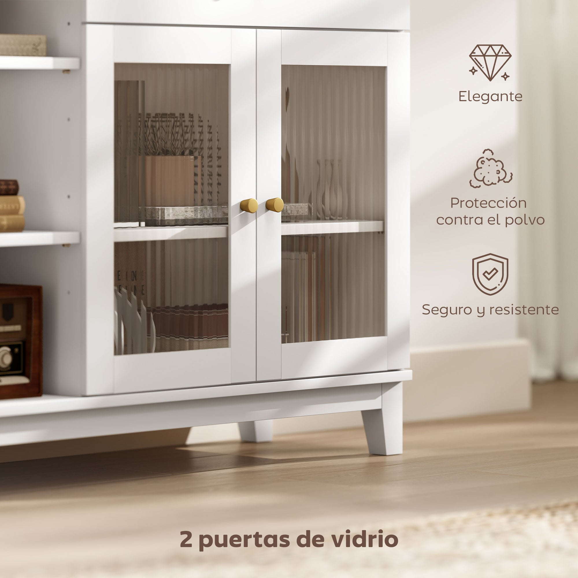 Ribbed Glass 2-Door Sideboard Modern Living Room Sideboard with Drawer, Open Compartments, and Adjustable Shelves for Dining Entrance White 100x35x80.3 cm