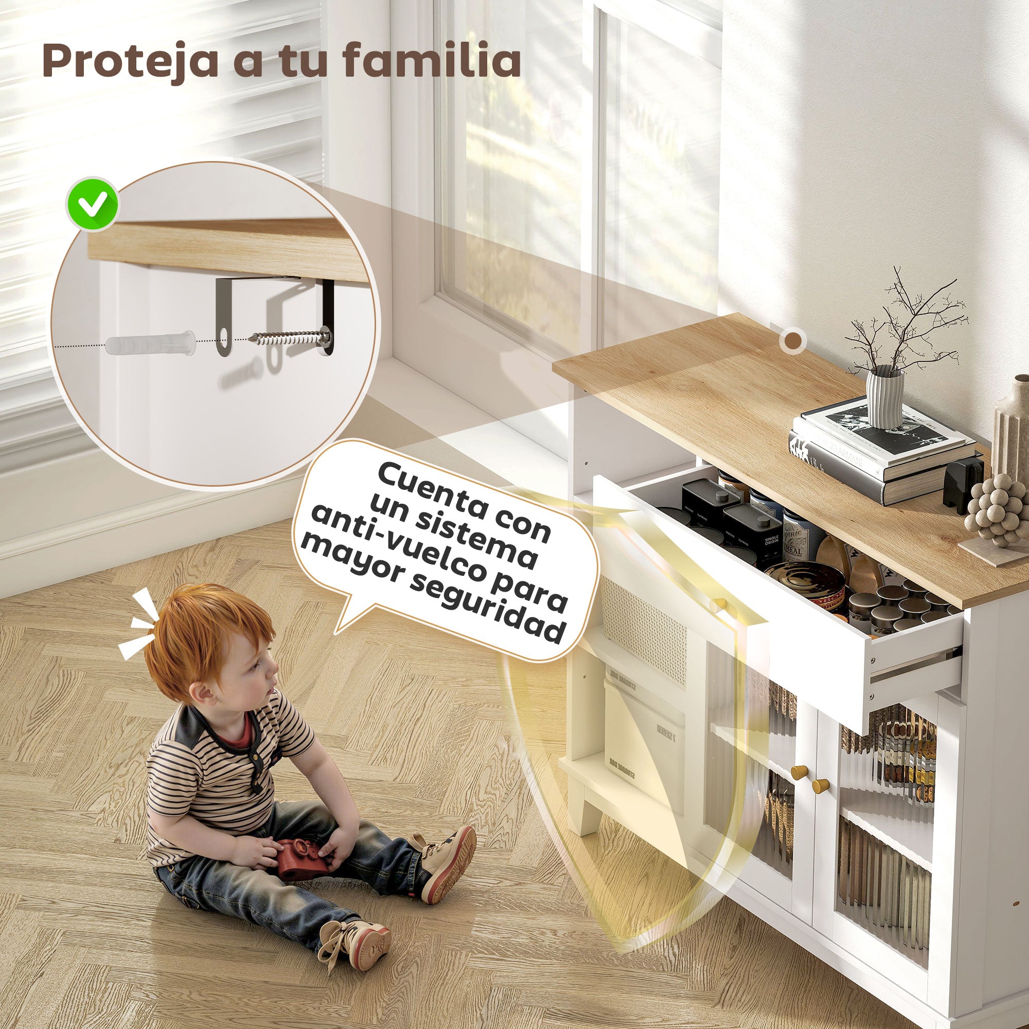 Ribbed Glass 2-Door Sideboard Modern Living Room Sideboard with Drawer, Open Compartments, and Adjustable Shelves for Dining Entrance White 100x35x80.3 cm