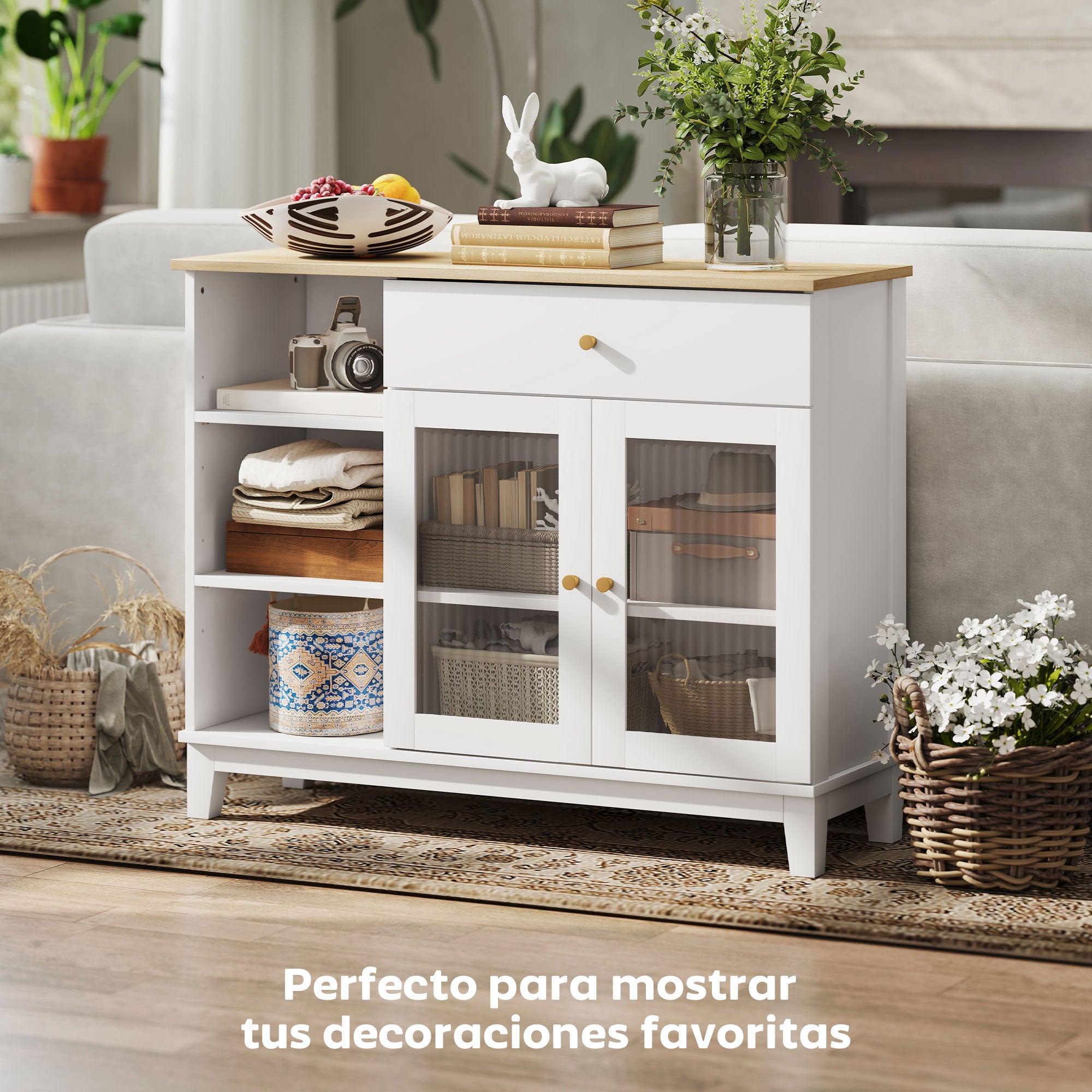 Ribbed Glass 2-Door Sideboard Modern Living Room Sideboard with Drawer, Open Compartments, and Adjustable Shelves for Dining Entrance White 100x35x80.3 cm