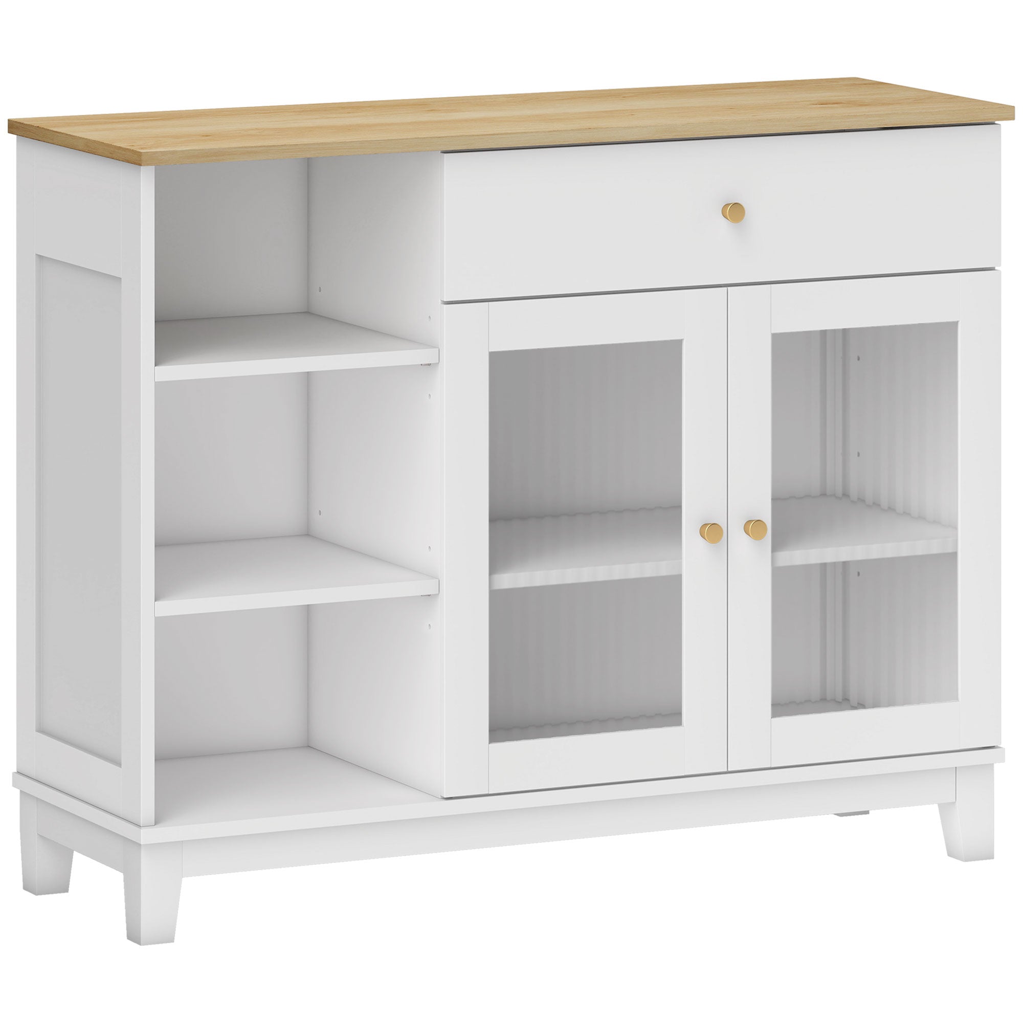 Ribbed Glass 2-Door Sideboard Modern Living Room Sideboard with Drawer, Open Compartments, and Adjustable Shelves for Dining Entrance White 100x35x80.3 cm