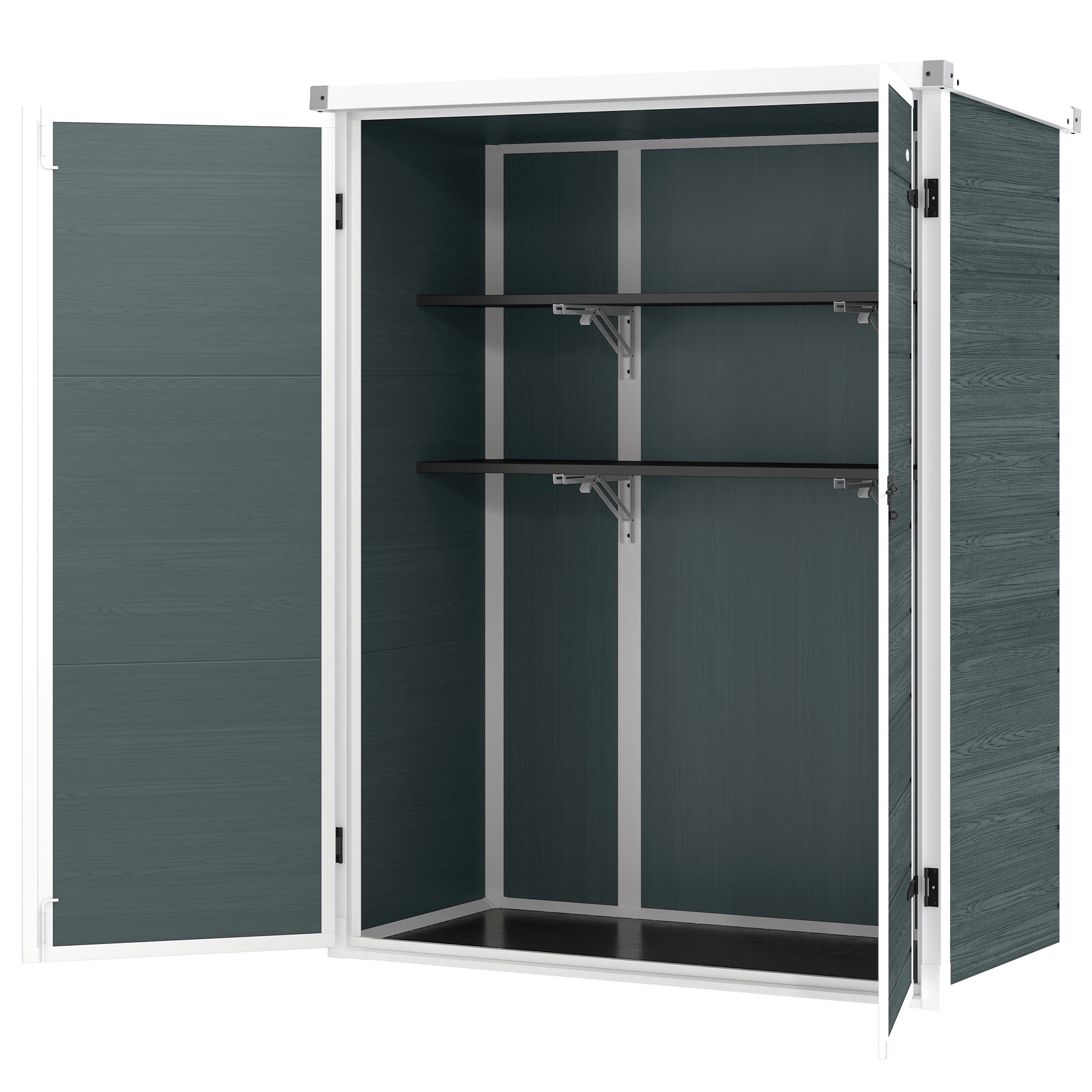 Outdoor Garden Shed, 0.81 m² (8.7 sq ft) — 134 x 68.5 x 170 cm (52.8" x 27.0" x 66.9"), Plastic Shed with Integrated Floor, 2 Folding Shelves, Double Doors with Lock, Gray Wood Effect