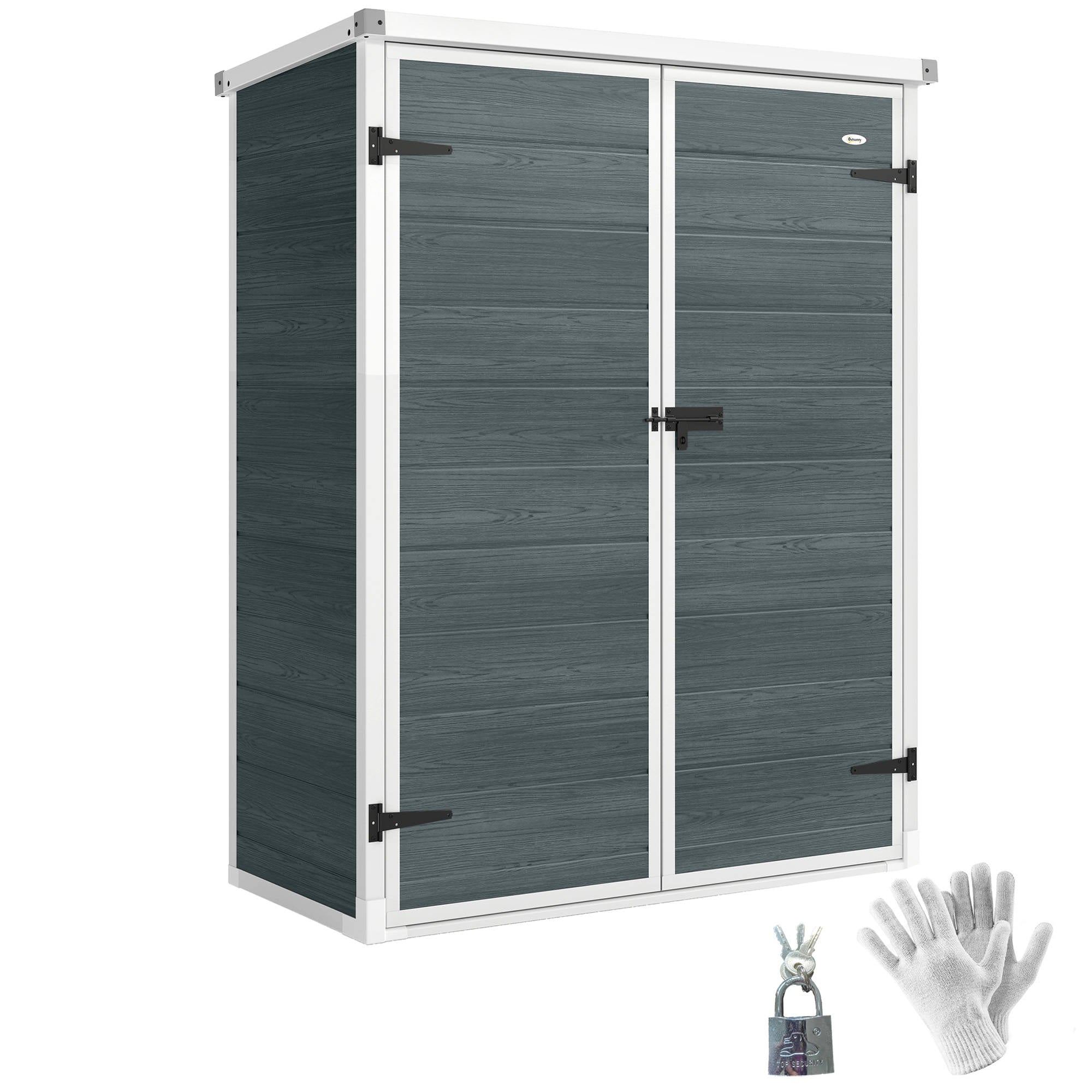 Outdoor Garden Shed, 0.81 m² (8.7 sq ft) — 134 x 68.5 x 170 cm (52.8" x 27.0" x 66.9"), Plastic Shed with Integrated Floor, 2 Folding Shelves, Double Doors with Lock, Gray Wood Effect