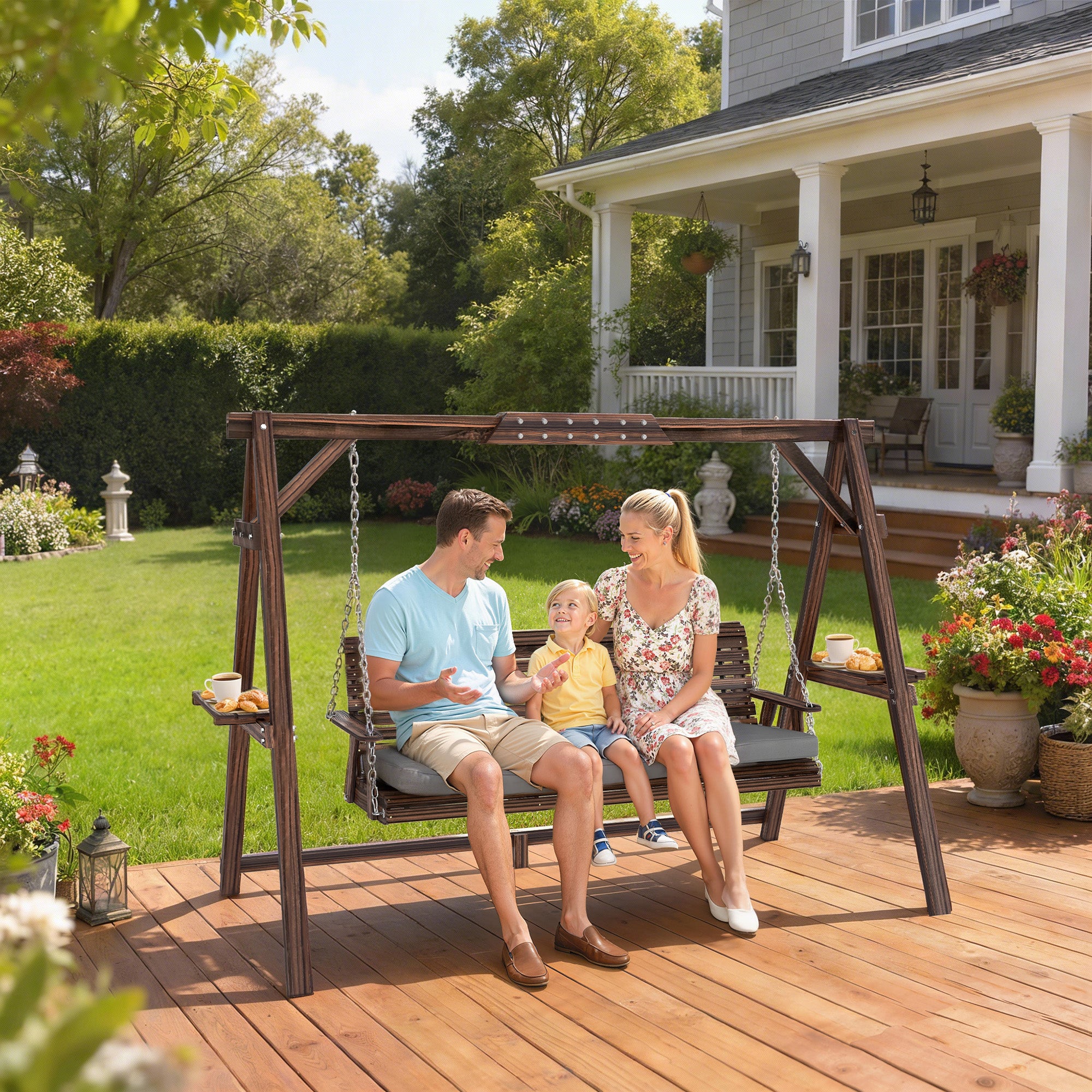 3-Seater Wooden Hollywood Swing with Cushioned Seat & Side Trays — Charred Finish, 728 lb Capacity