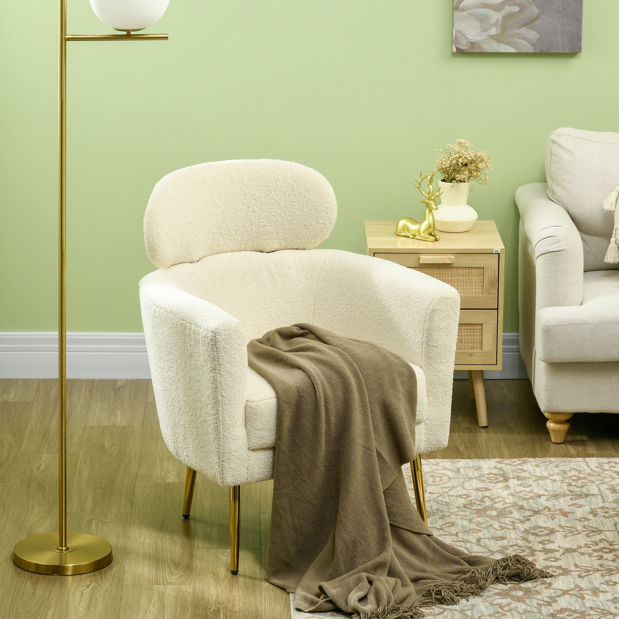 Living Room Armchair Single Seat Leisure Chair Upholstered in Fleece with Headrest and Metal Legs for Bedroom Office Room Load 125 kg Cream