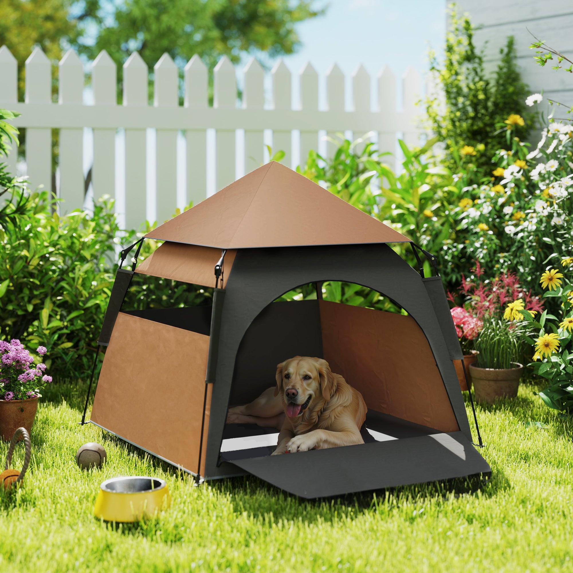 Pet Tent, Dog Tent, Cat House Outdoor, Dog House with Mesh Window, Dog Tipi Tent with Carrying Bag, Sunshade for Backyard, Living Room, Dark Brown