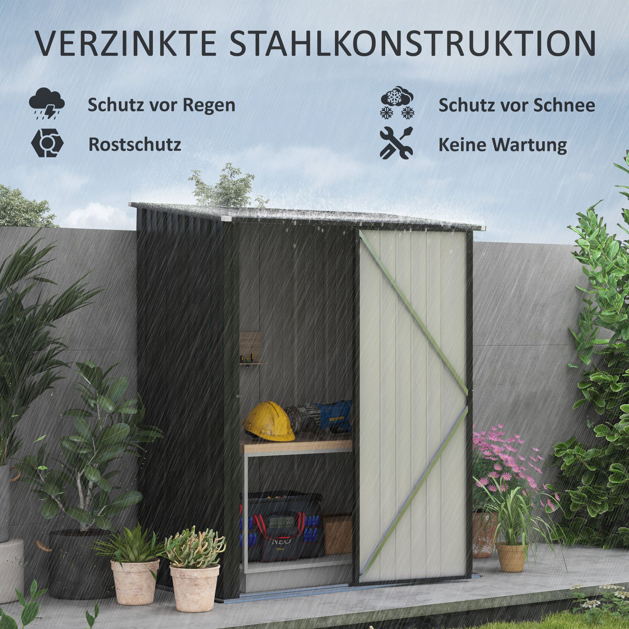 Utility Shed with Pent Roof 1.34m² Garden House Tool Shed Lockable Utility Cabinet Galvanized Steel Black 161.5 x 94.5 x 196 cm