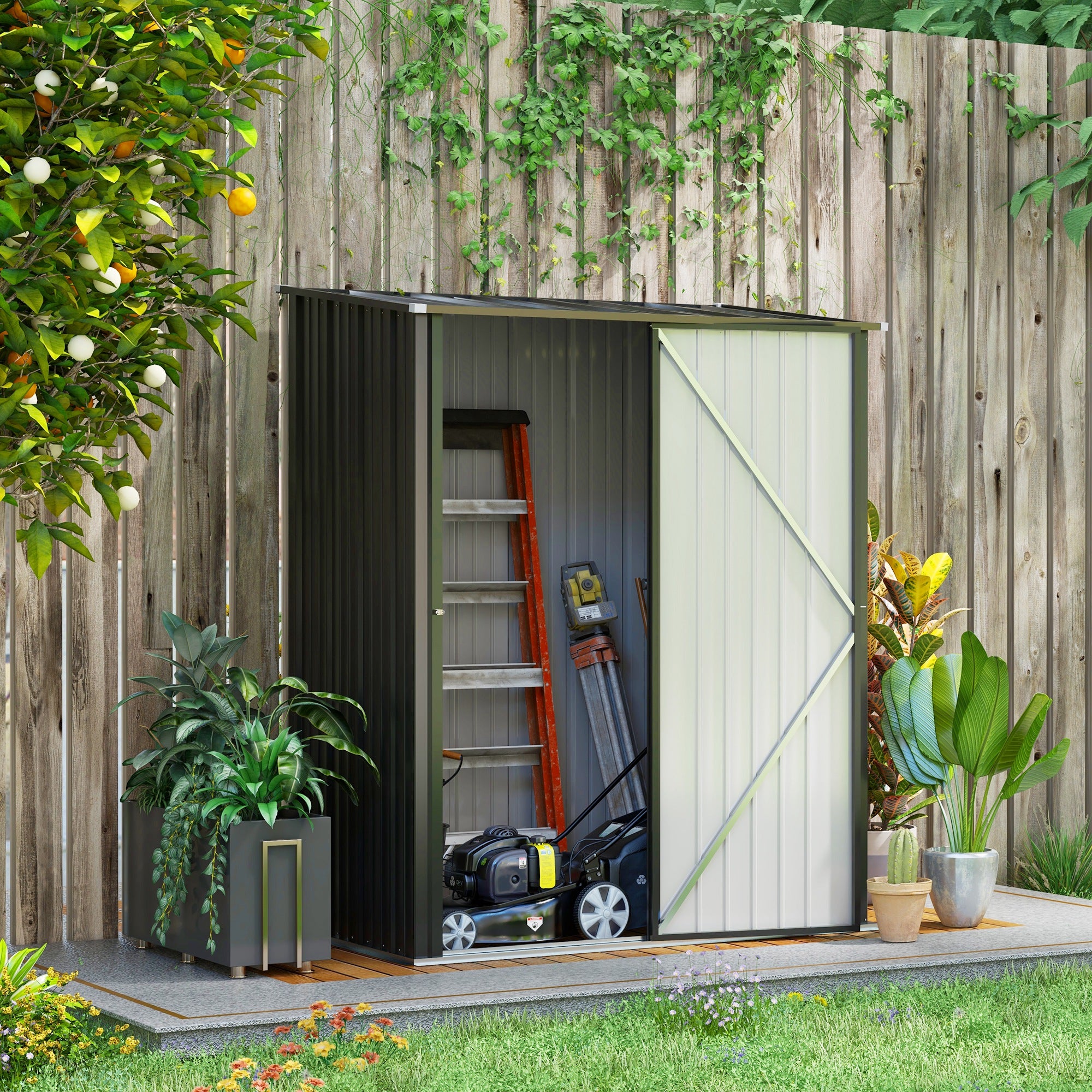 Utility Shed with Pent Roof 1.34m² Garden House Tool Shed Lockable Utility Cabinet Galvanized Steel Black 161.5 x 94.5 x 196 cm