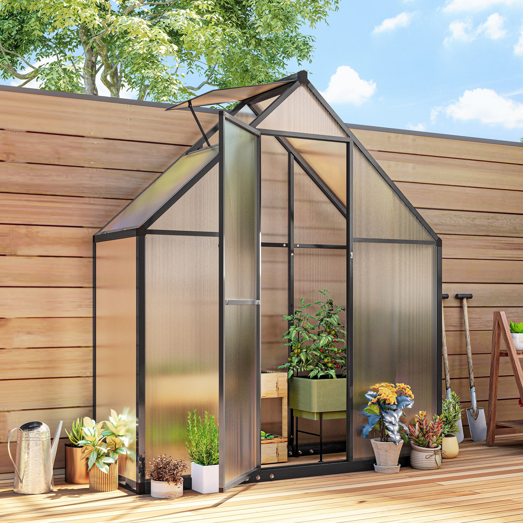 170×58×195 cm (67×23×77 in) Aluminum & Polycarbonate Garden Greenhouse — Adjustable Vent, Hinged Door, Weather-Resistant, Clear