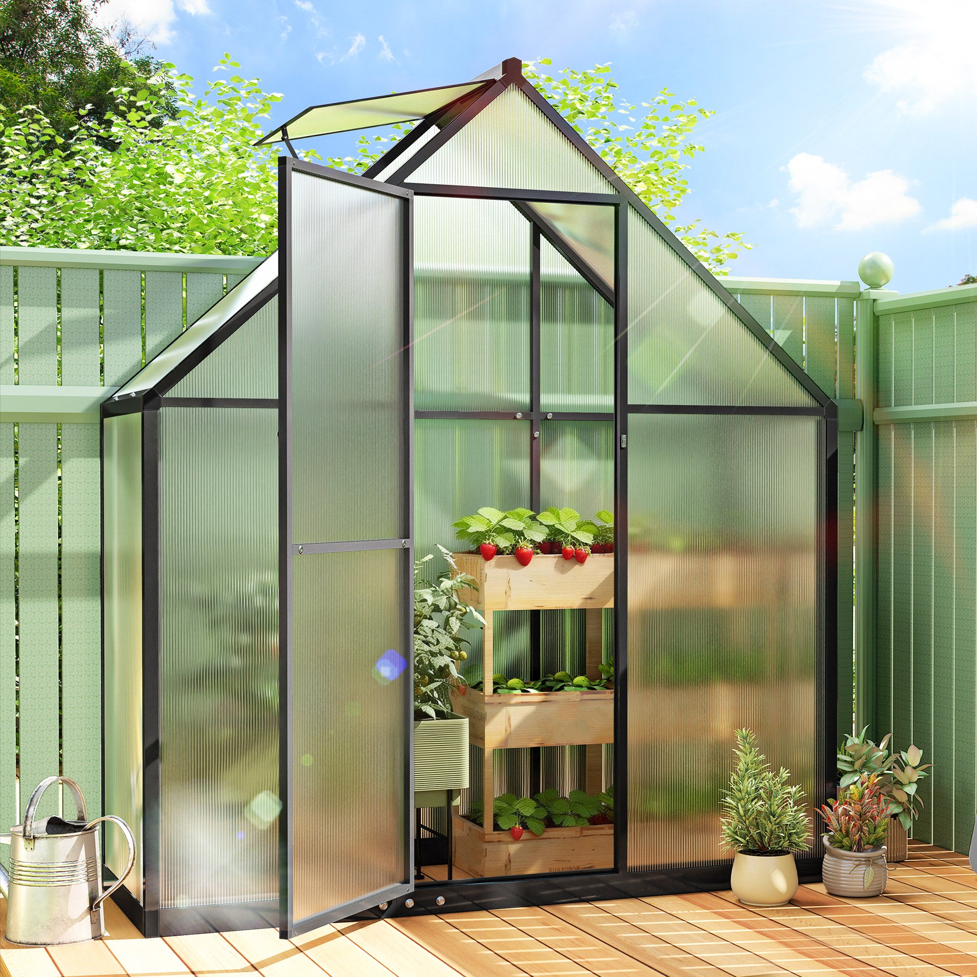 170×58×195 cm (67×23×77 in) Aluminum & Polycarbonate Garden Greenhouse — Adjustable Vent, Hinged Door, Weather-Resistant, Clear