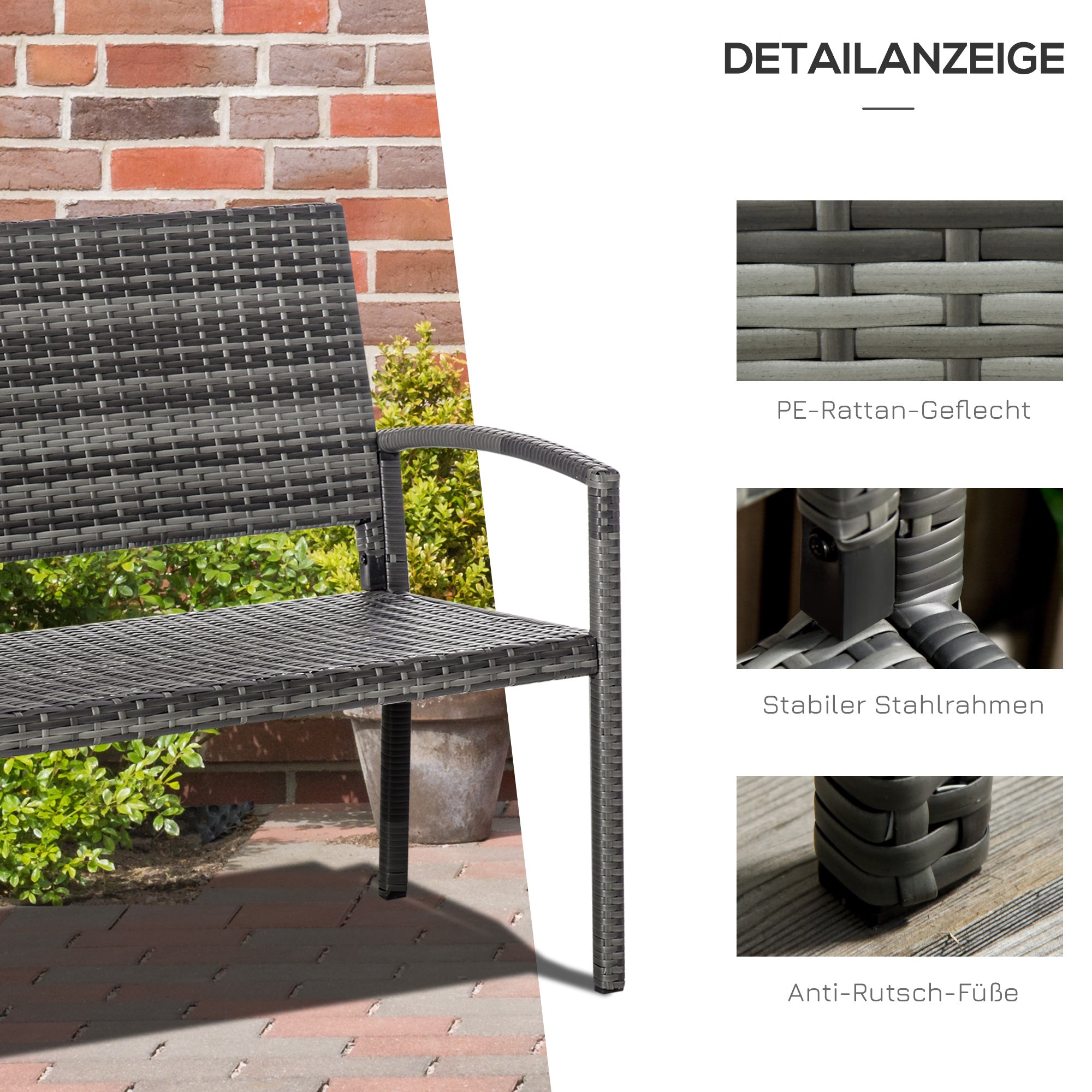 Garden Bench Polyrattan 2-Seater UV-Resistant Bench with Ergonomic Armrests Backrest Garden Furniture Park Bench up to 240kg Loadable Balcony Bench for Garden Terrace, 122x60x85cm, Gray