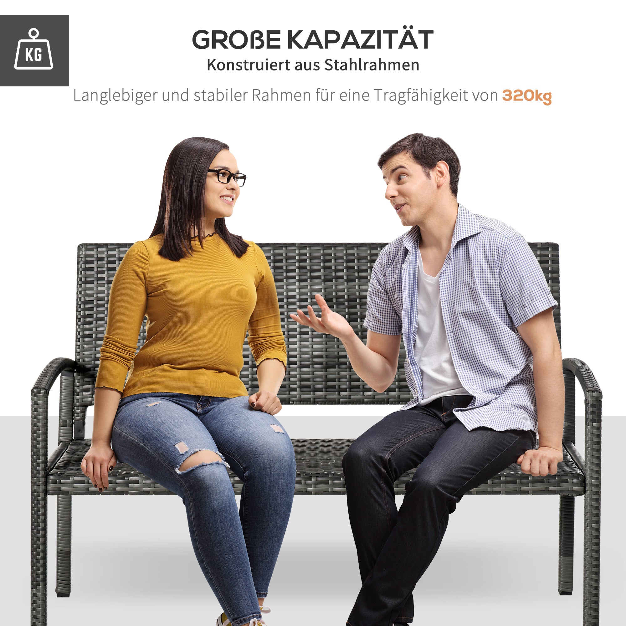 Garden Bench Polyrattan 2-Seater UV-Resistant Bench with Ergonomic Armrests Backrest Garden Furniture Park Bench up to 240kg Loadable Balcony Bench for Garden Terrace, 122x60x85cm, Gray