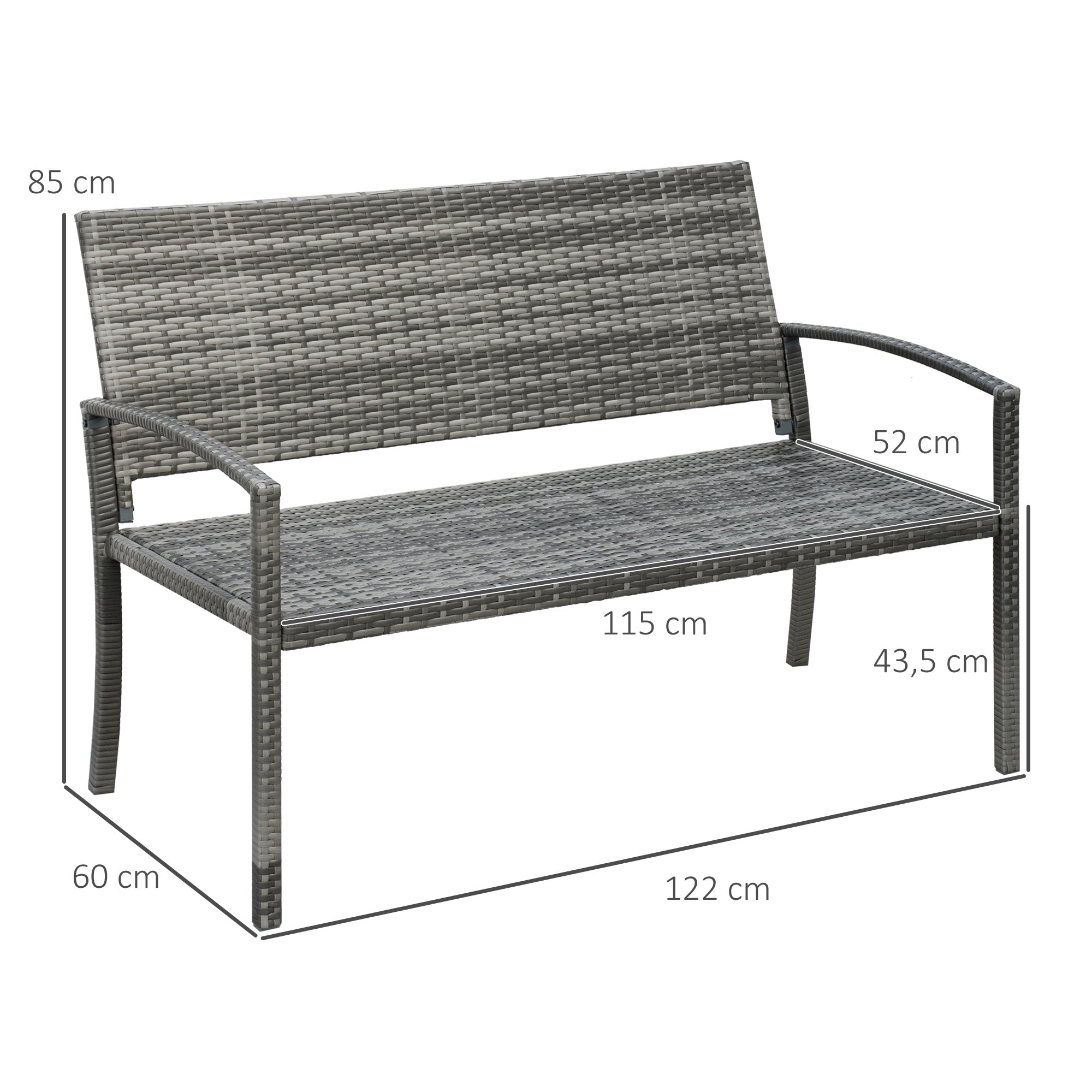 Garden Bench Polyrattan 2-Seater UV-Resistant Bench with Ergonomic Armrests Backrest Garden Furniture Park Bench up to 240kg Loadable Balcony Bench for Garden Terrace, 122x60x85cm, Gray