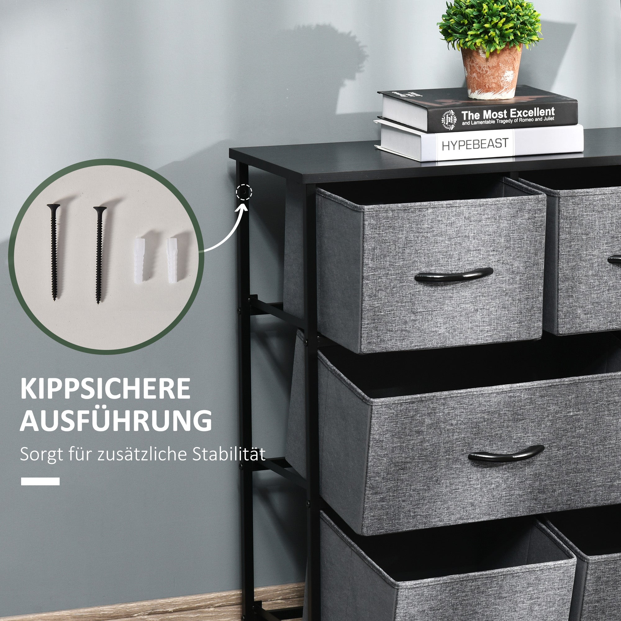 Dresser with 8 Fabric Drawers Storage Cabinet Dresser with Handles, Metal Frame, Modern Design Cabinet for Bedroom, Living Room in Dark Gray