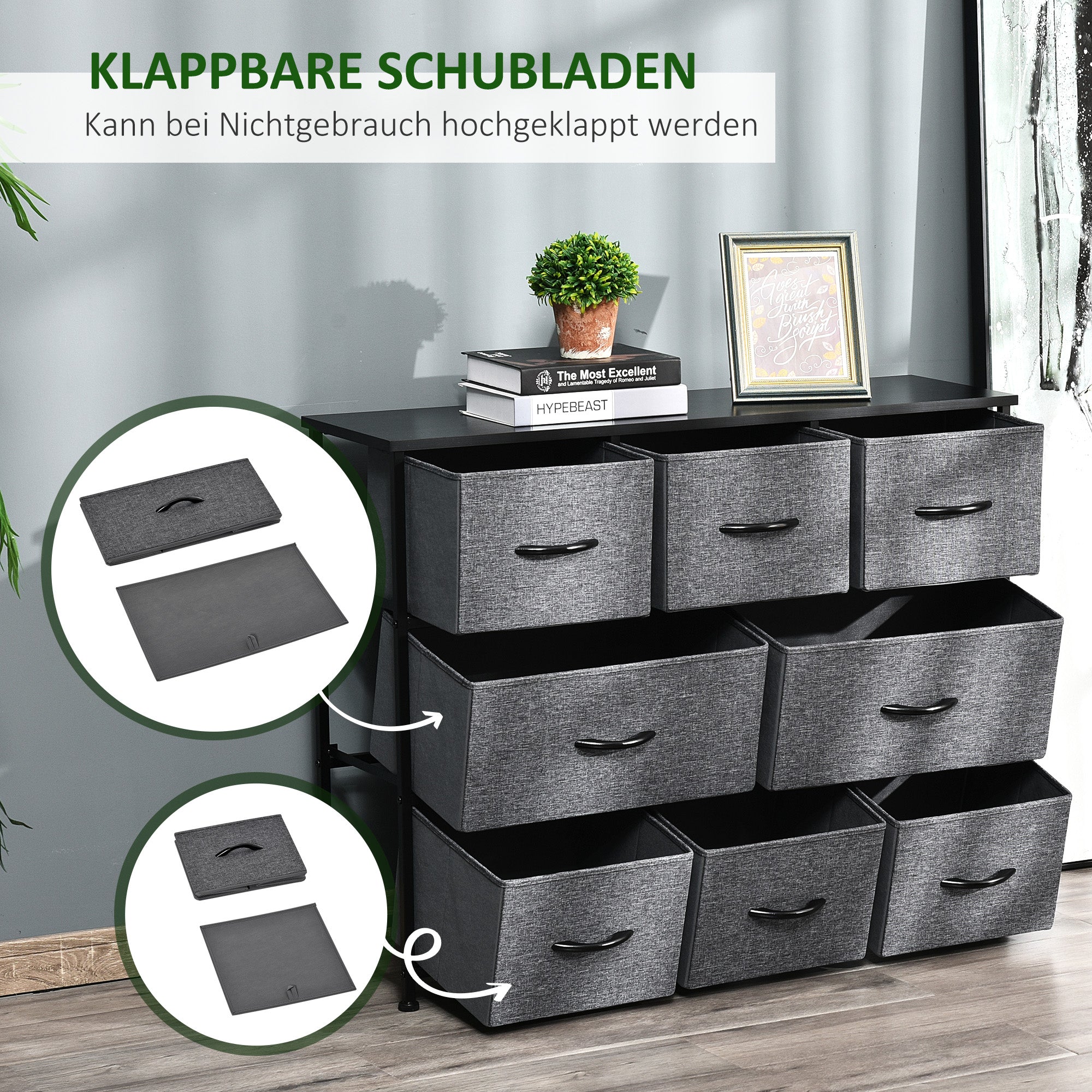 Dresser with 8 Fabric Drawers Storage Cabinet Dresser with Handles, Metal Frame, Modern Design Cabinet for Bedroom, Living Room in Dark Gray
