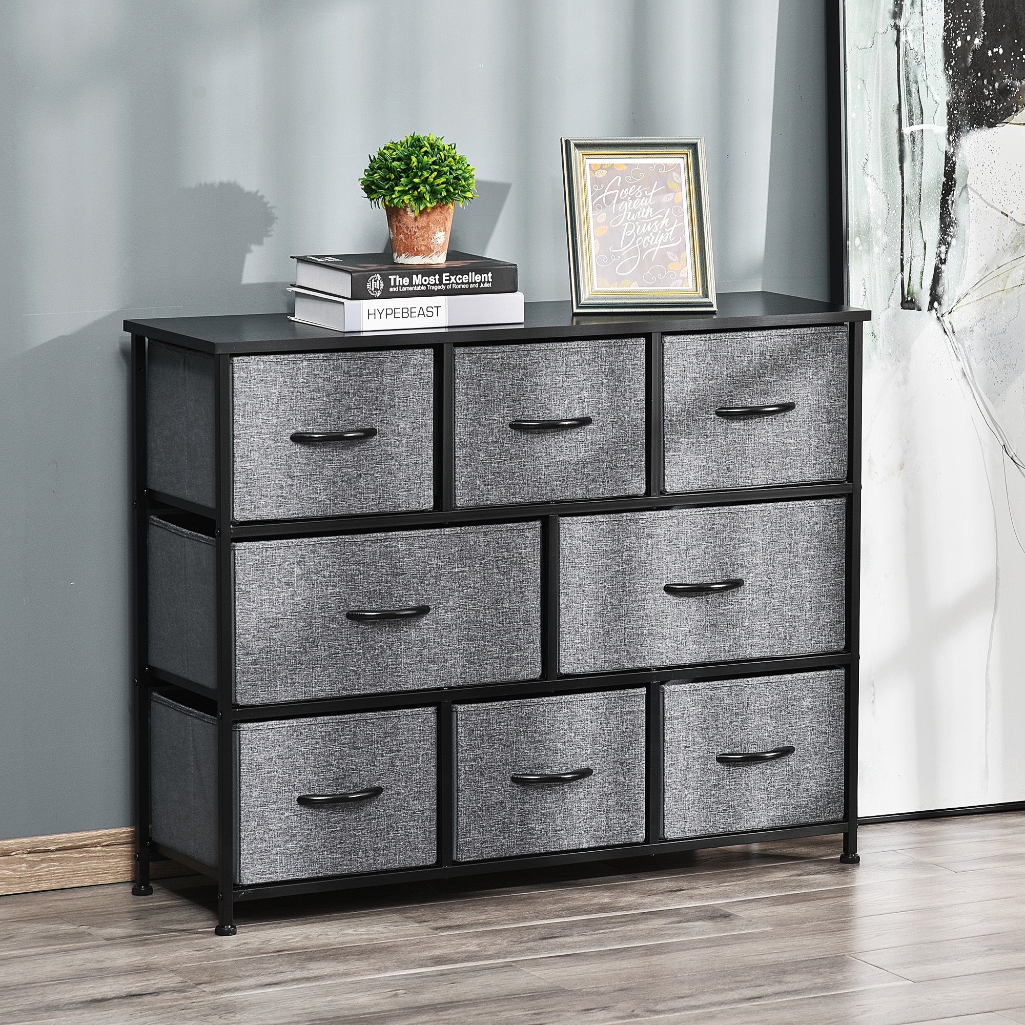 Dresser with 8 Fabric Drawers Storage Cabinet Dresser with Handles, Metal Frame, Modern Design Cabinet for Bedroom, Living Room in Dark Gray