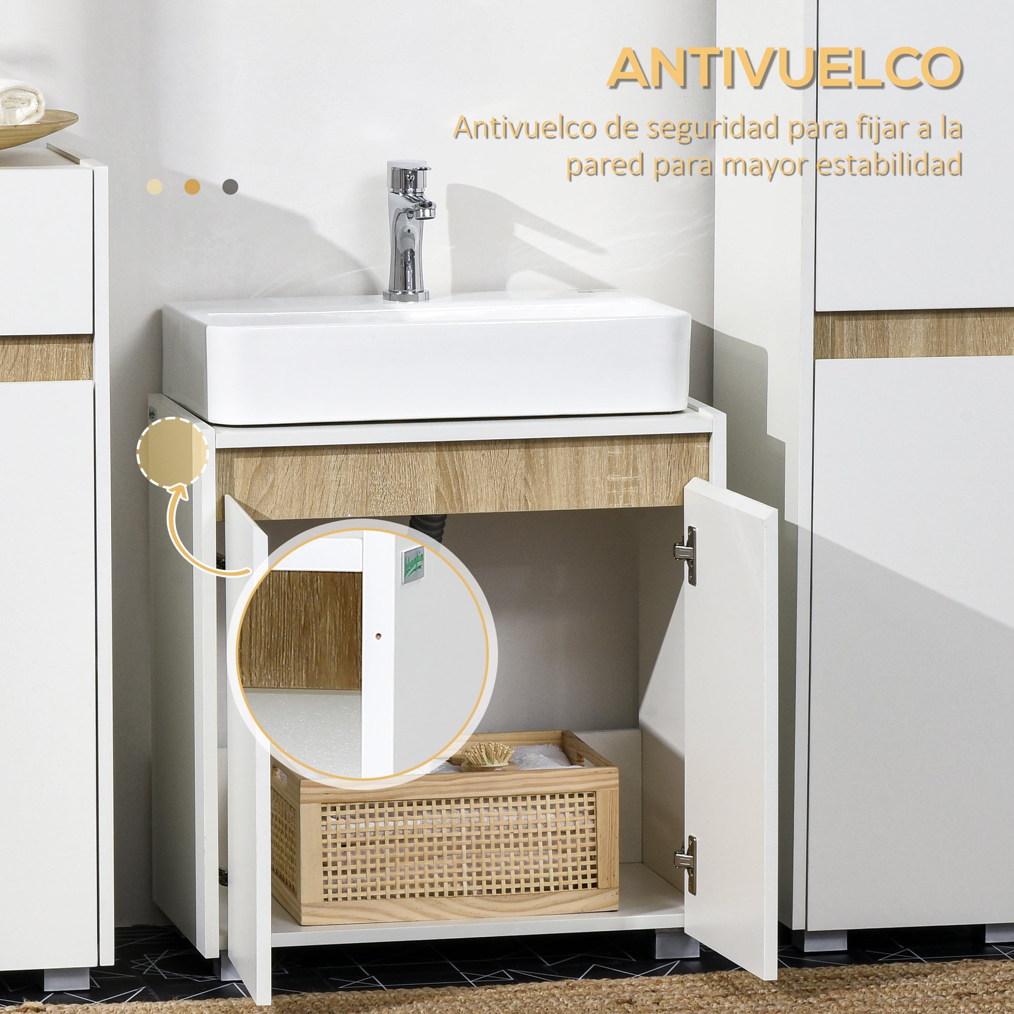 Under Sink Bathroom Cabinet Floor Cabinet with 2 Doors and Interior Storage Anti-tip 57x33x60 cm White