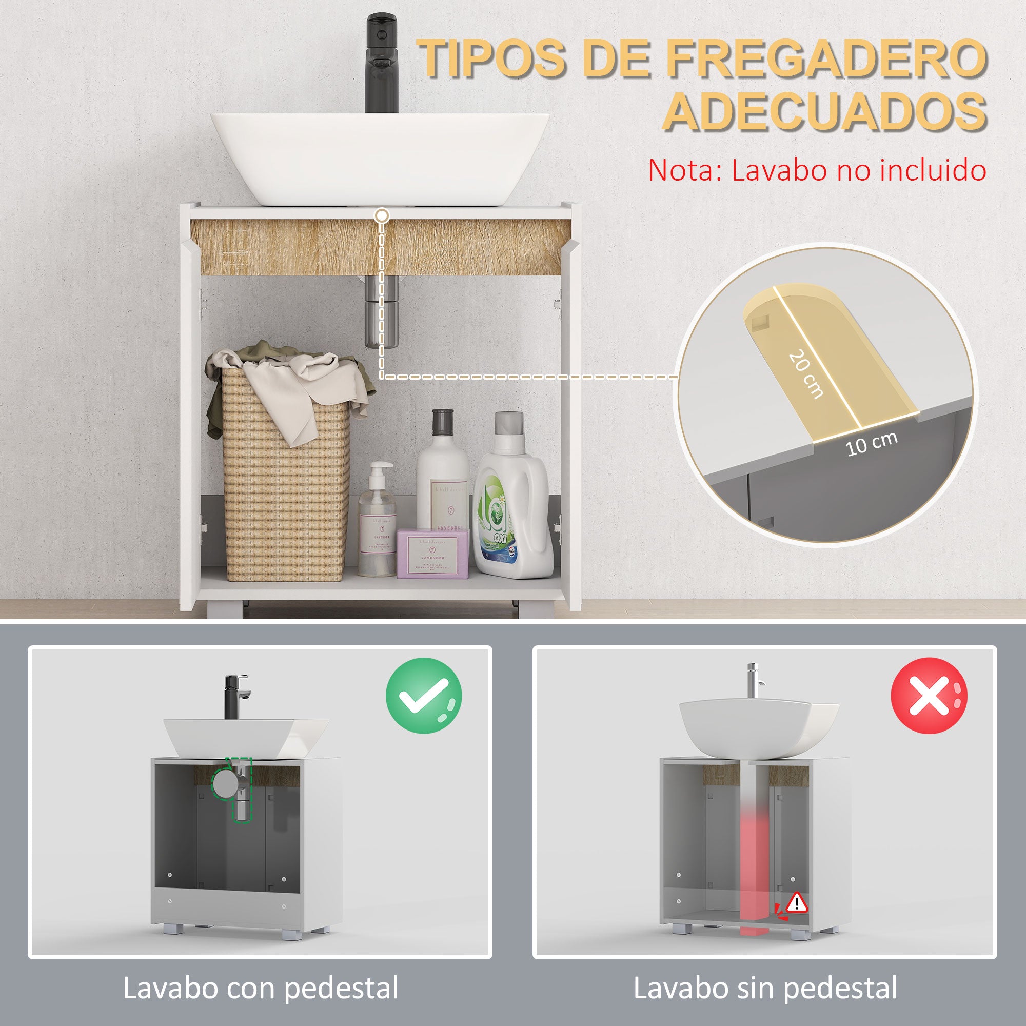 Under Sink Bathroom Cabinet Floor Cabinet with 2 Doors and Interior Storage Anti-tip 57x33x60 cm White