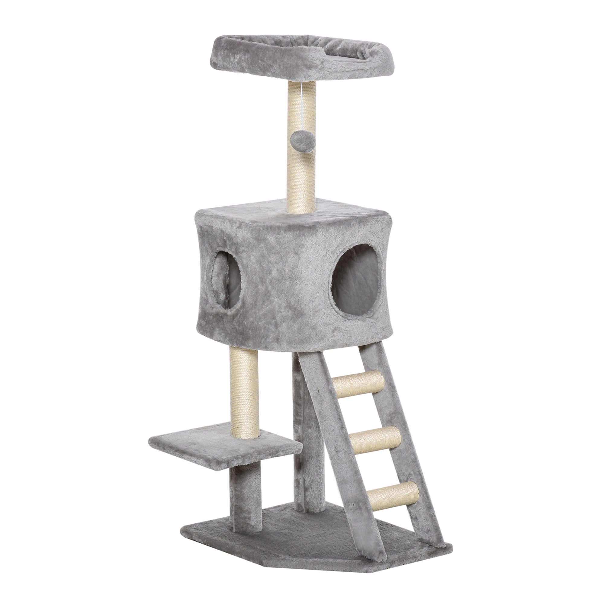 120 cm Scratching Tree Cat Tower with Cave, Play Ball, Sisal Posts, Platform, Stairs, Multi-Level Cat Scratching Tree, Climbing Tree for Cats, Light Gray