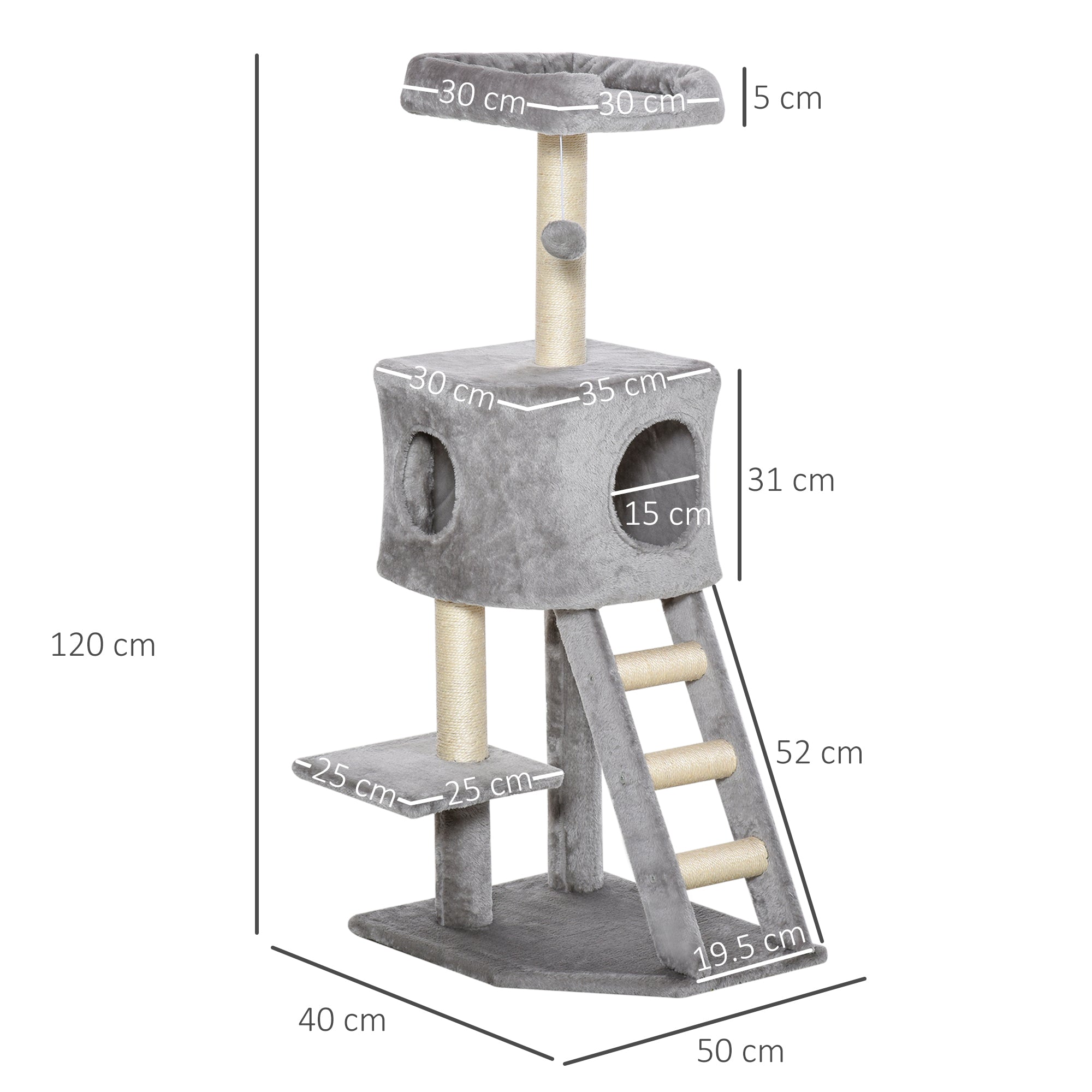 120 cm Scratching Tree Cat Tower with Cave, Play Ball, Sisal Posts, Platform, Stairs, Multi-Level Cat Scratching Tree, Climbing Tree for Cats, Light Gray