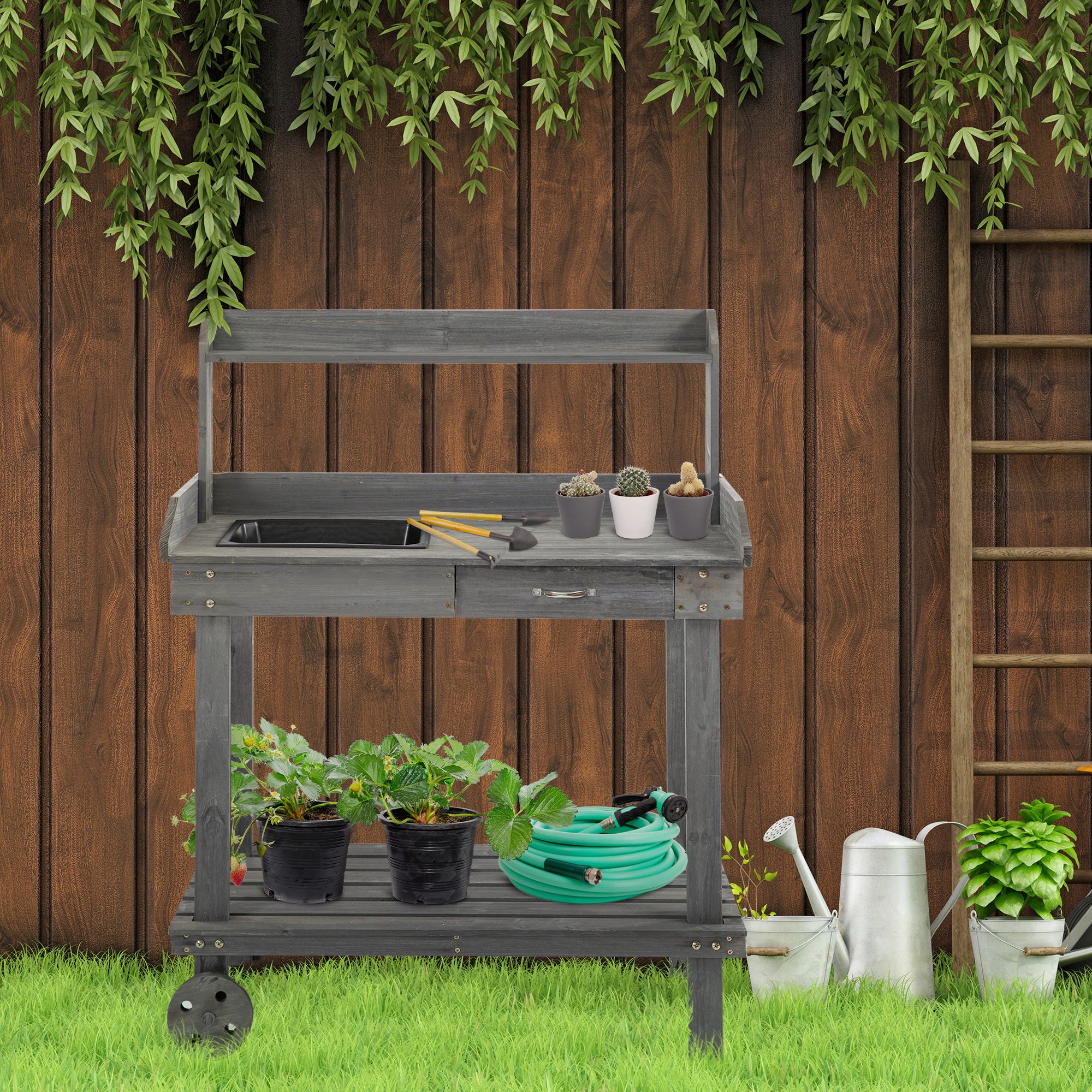 Planting Table with Drawer 2 Levels Gardening Table with Sink and Wheels Garden Fir Wood Gray 92 x 45 x 119 cm