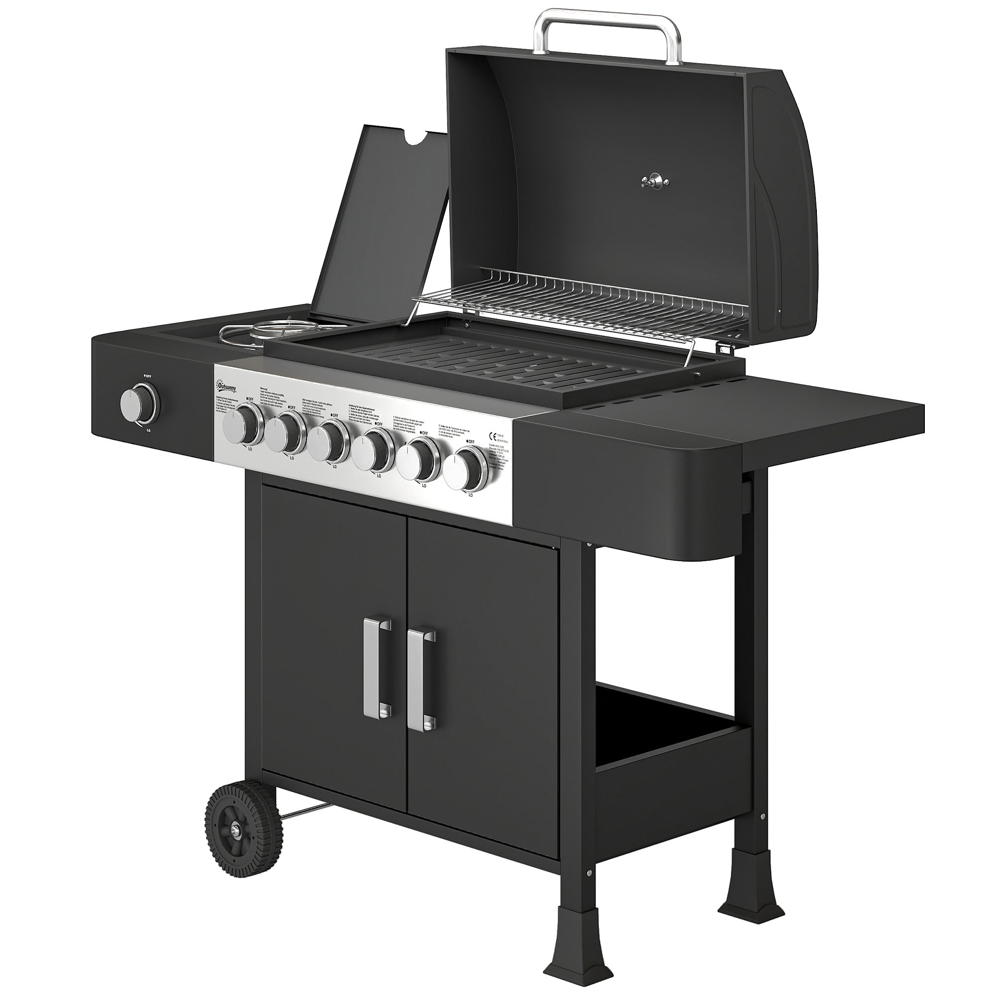 17.8 kW (≈60,700 BTU) 6+1-Burner Stainless Steel Gas Grill Cart with Side Burner, Thermometer, Enamel Grates, Warming Rack, Side Table & Cabinet — Ideal for Balcony & BBQ Parties