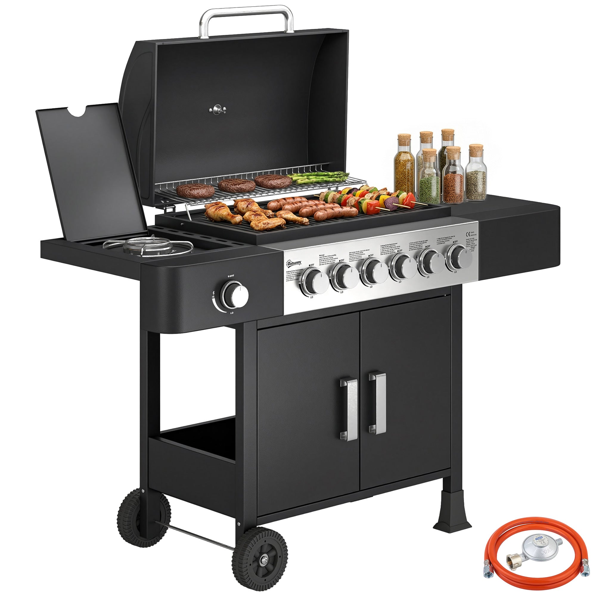 17.8 kW (≈60,700 BTU) 6+1-Burner Stainless Steel Gas Grill Cart with Side Burner, Thermometer, Enamel Grates, Warming Rack, Side Table & Cabinet — Ideal for Balcony & BBQ Parties