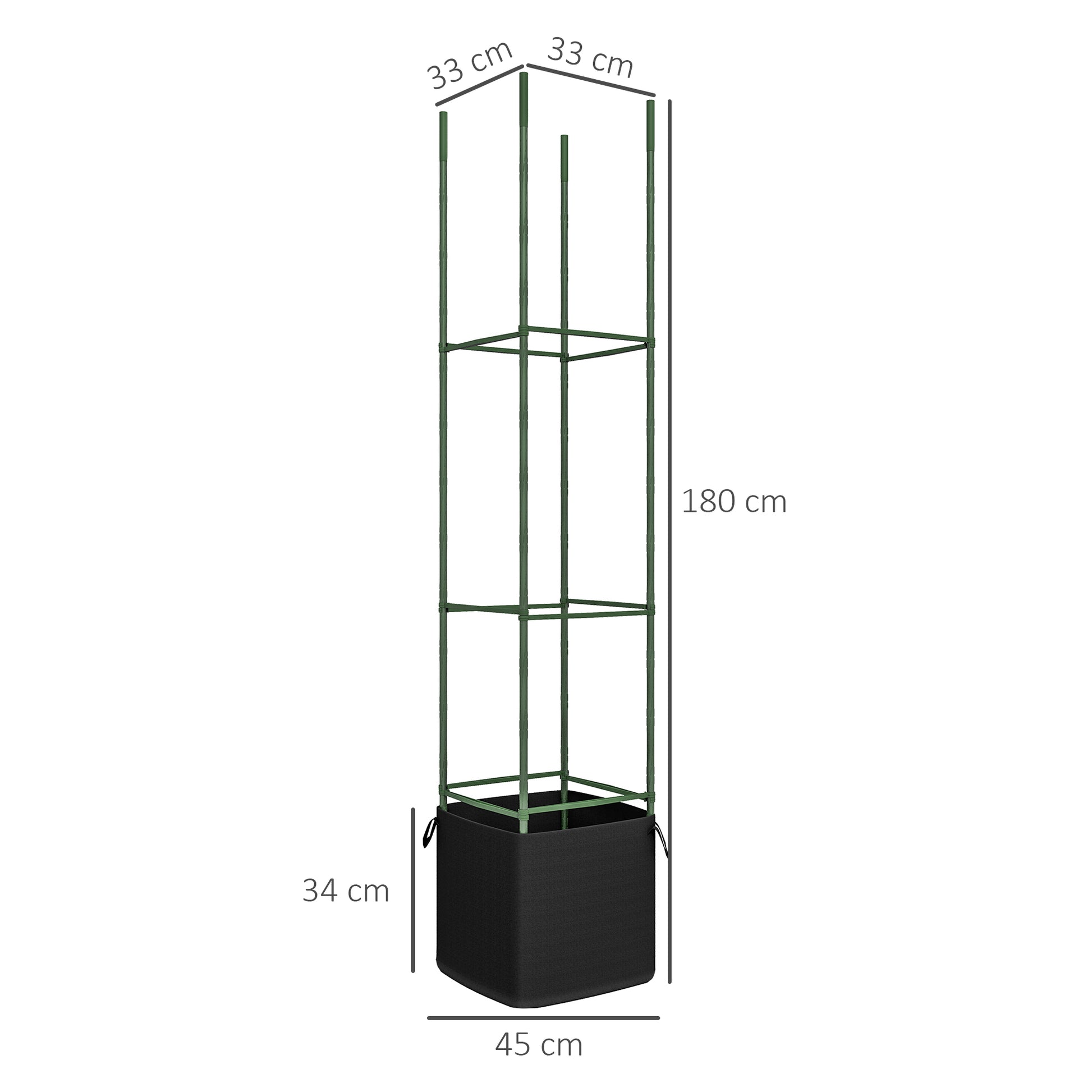 Set of 2 Trellises with Planting Bag, Flower Grid, Trellis, Plant Frame, Tomato Cage for Climbing Plants, Steel, Green, 33 x 33 x 180 cm