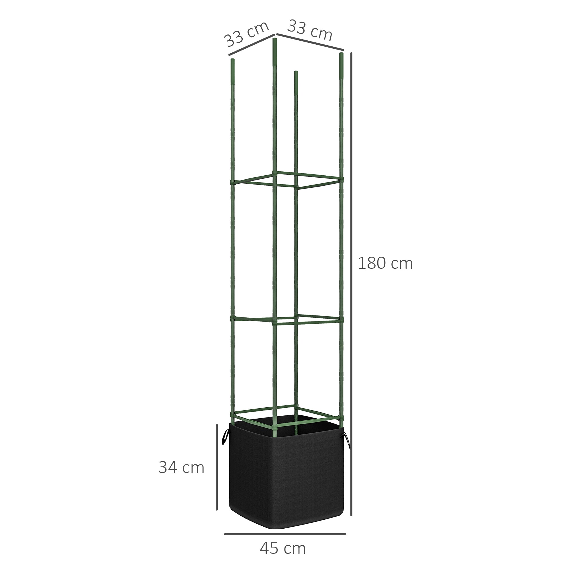 Set of 2 Trellises with Planting Bag, Flower Grid, Trellis, Plant Frame, Tomato Cage for Climbing Plants, Steel, Green, 33 x 33 x 180 cm
