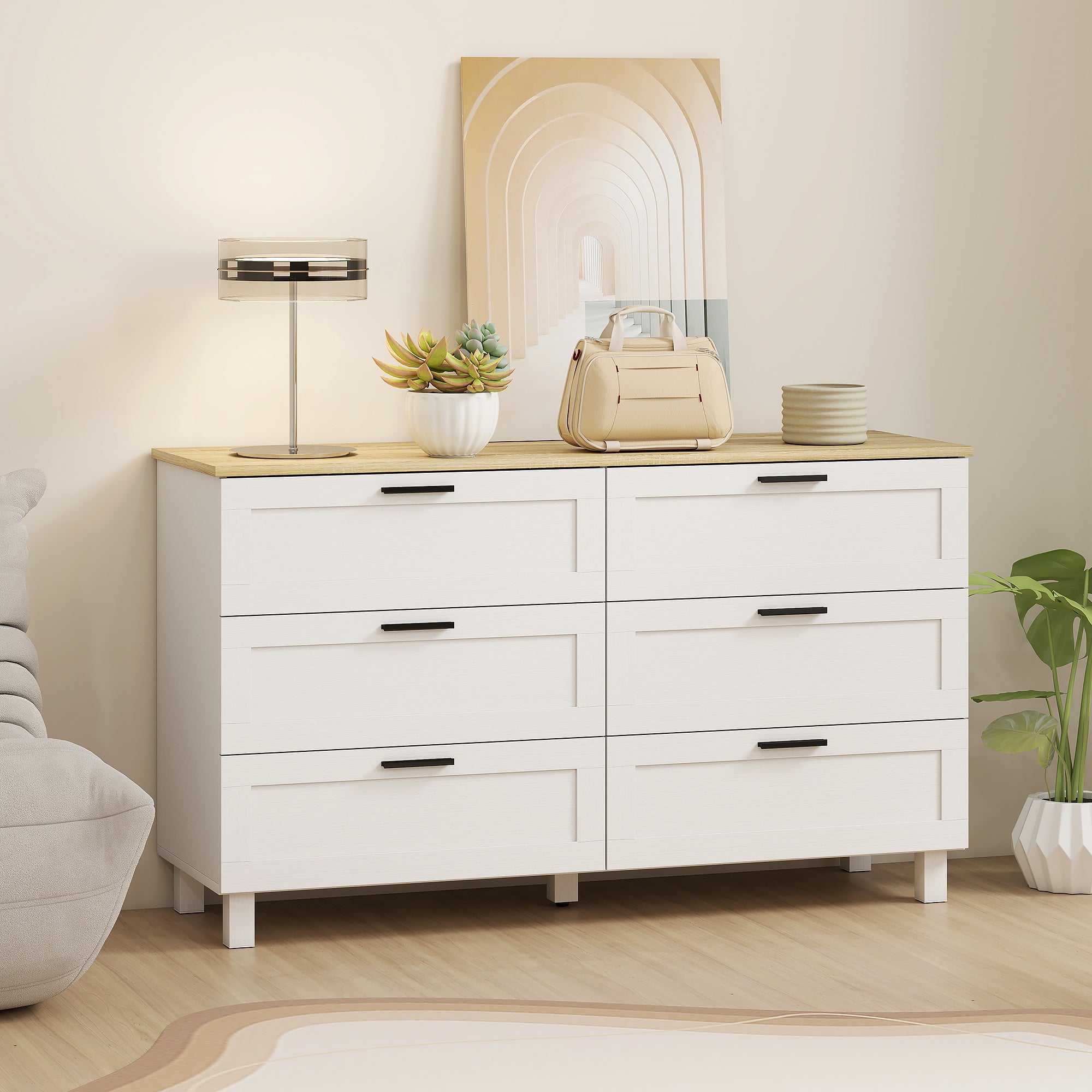 6-Drawer Dresser, Storage Cabinet with Pine Legs, Modern Style, for Bedroom, Living Room, Hallway, 47.2 x 15.0 x 28.0 in, Natural Wood & White