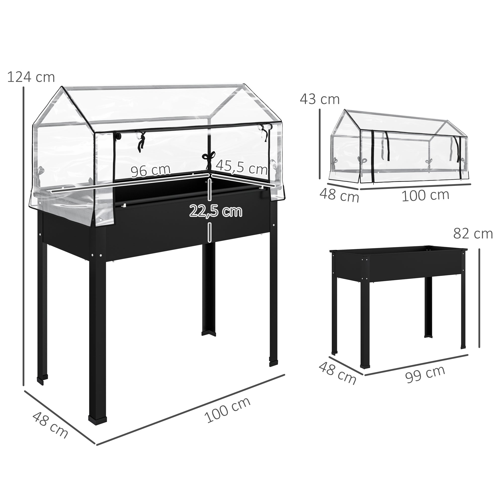 Raised Garden Bed with Cover, Elevated Herb Planter with Drainage Holes, Metal Planting Box, Weather-Resistant Vegetable Bed, Garden Bed, Planting Bed for Garden, Balcony, 100 x 48 x 124 cm, Black