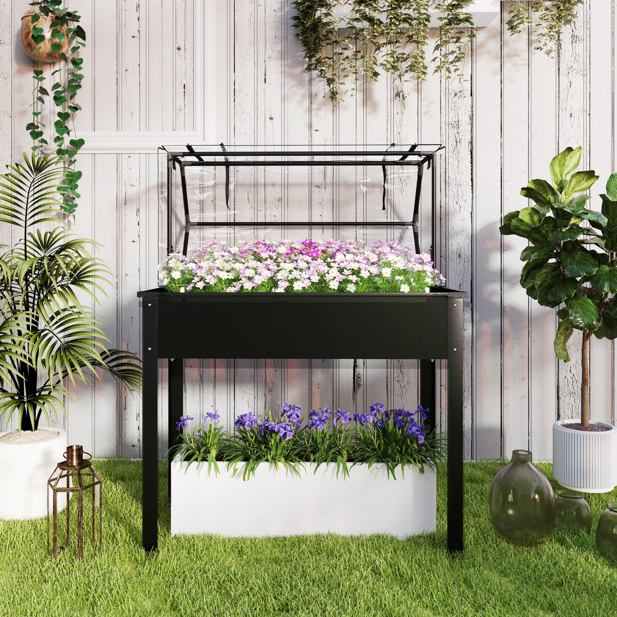 Raised Garden Bed with Cover, Elevated Herb Planter with Drainage Holes, Metal Planting Box, Weather-Resistant Vegetable Bed, Garden Bed, Planting Bed for Garden, Balcony, 100 x 48 x 124 cm, Black