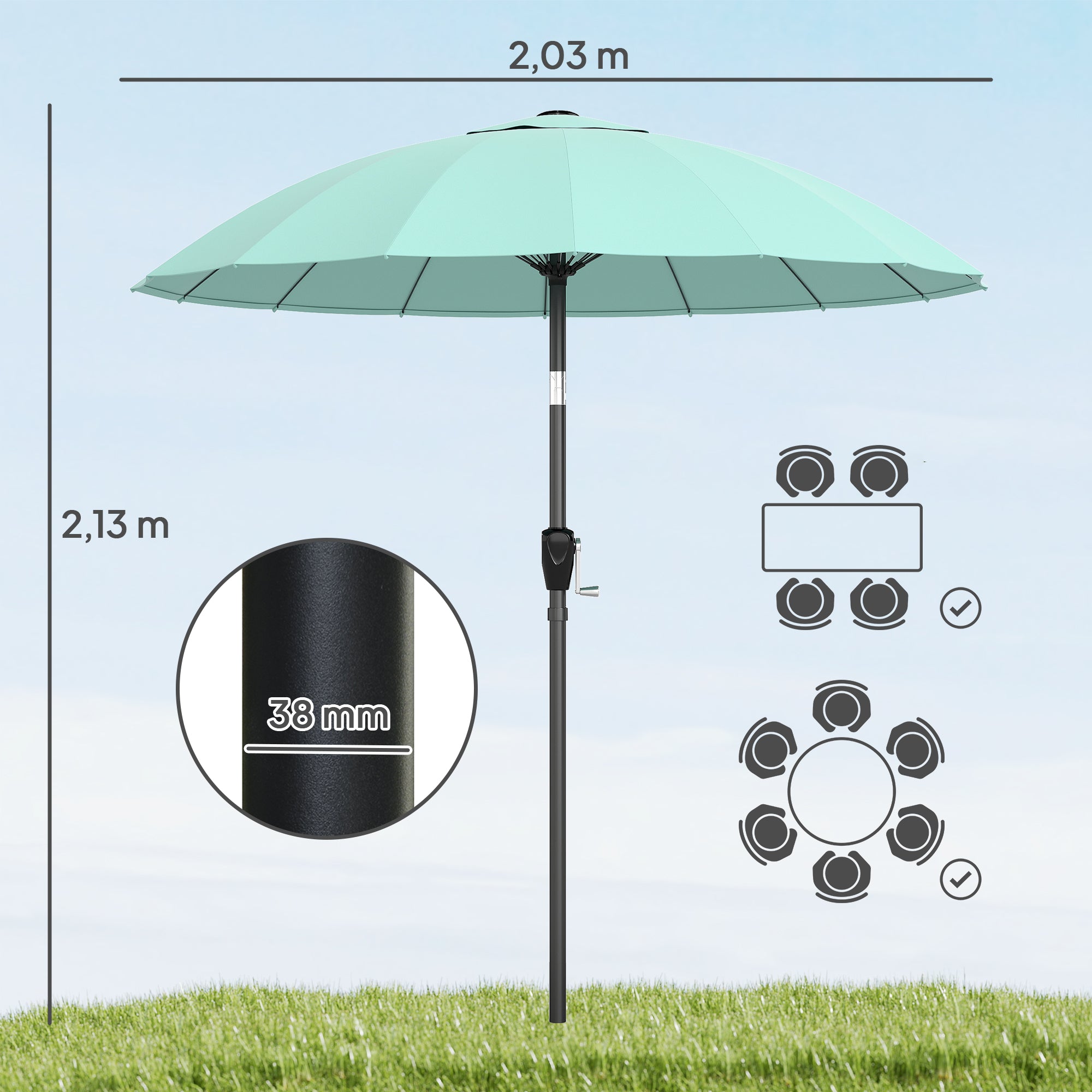 2 m (6.6 ft) Round Outdoor Patio Parasol — Tilting Center Pole, Crank Open, 16 Fiberglass Ribs, 180 g/m² Polyester (≈5.3 oz/yd²), UPF30+, Turquoise