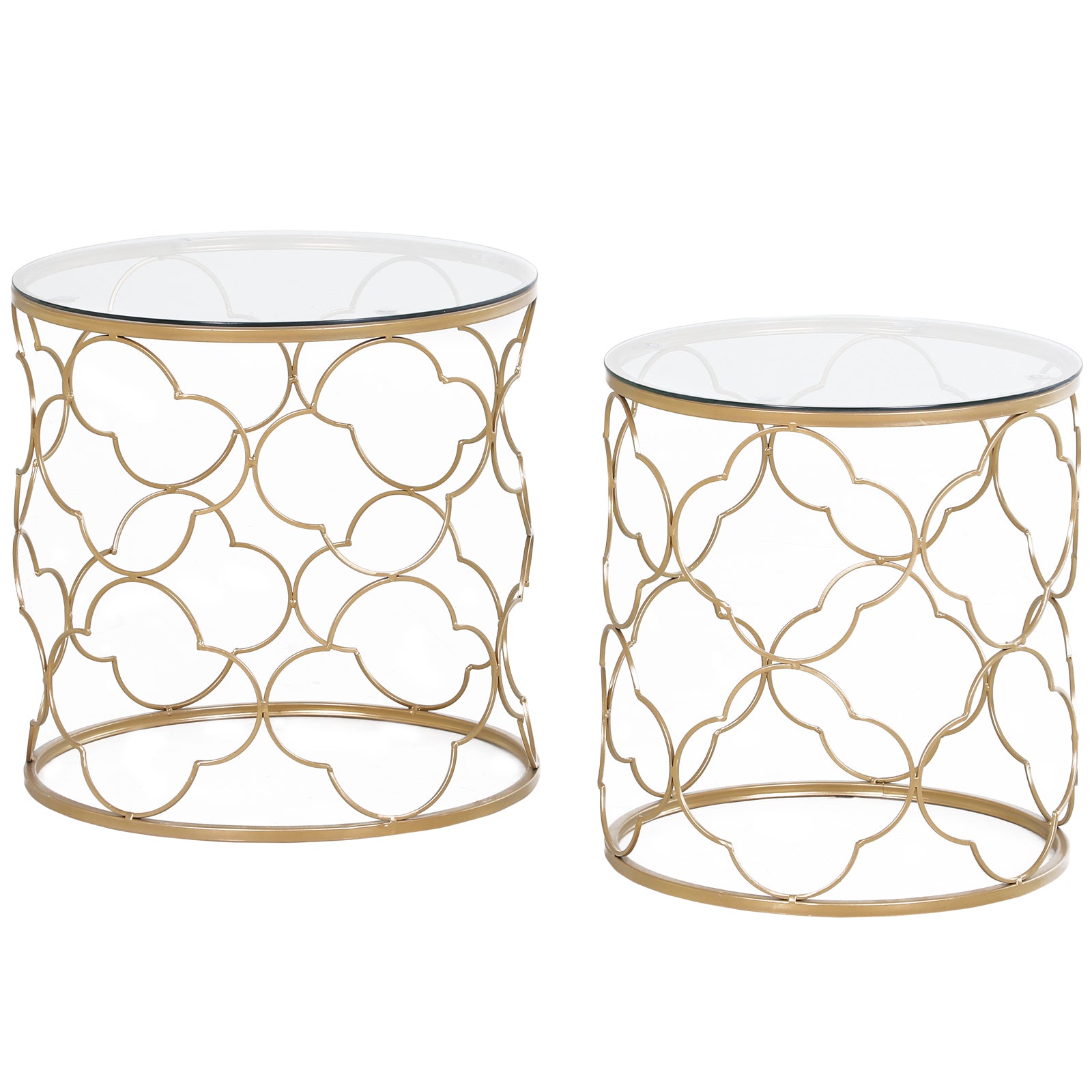 Set of 2 Art Deco Stackable Living Room Coffee Tables, Metal with Tempered Glass Top, Gold