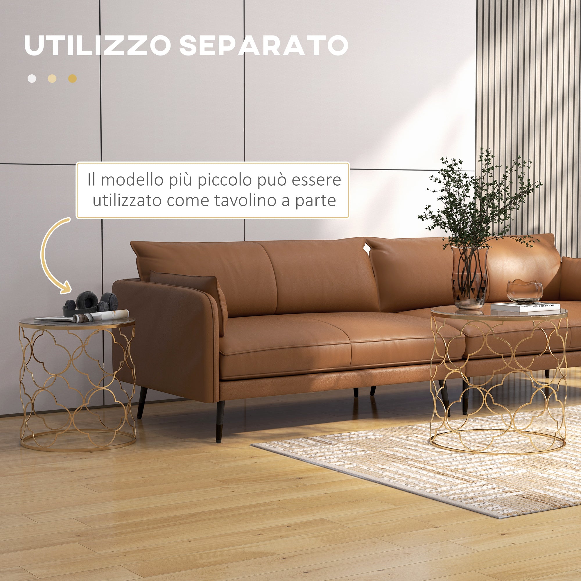 Set of 2 Art Deco Stackable Living Room Coffee Tables, Metal with Tempered Glass Top, Gold