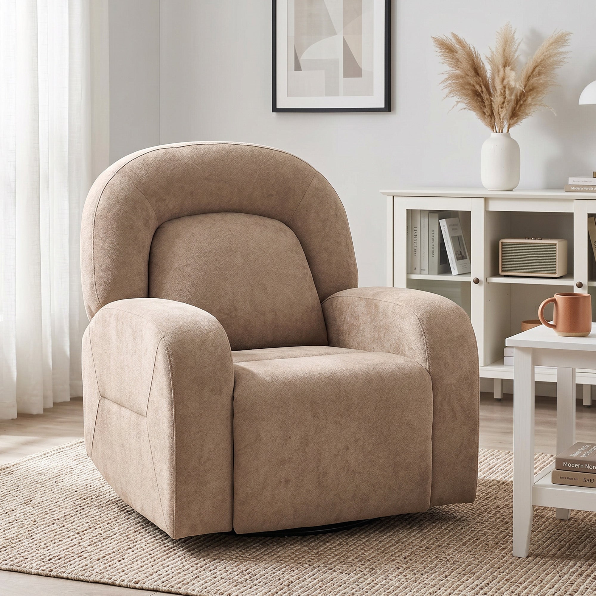 Cloud-Plush Recliner Chair — 360° Swivel, Rock & 135° Recline, Wide Seat, Khaki