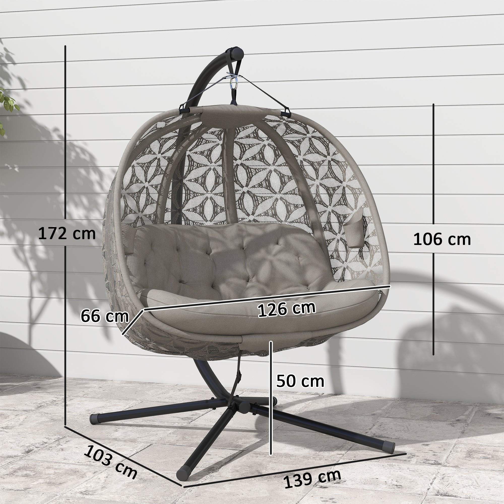Foldable XXL Egg Hanging Chair with Stand — 2-Person Hanging Basket Swing, Thick Cushion, Cup Holders & Safety Strap — Indoor/Outdoor, Sand (529 lb)